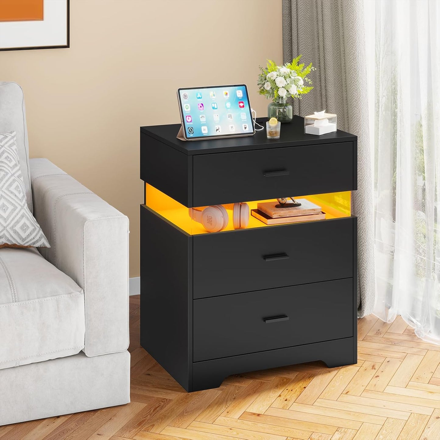 Hasuit Black Night Stand with 3 Drawers, Modern Nightstand with LED Lights and Charging Station, Bedside Tables/End Table for Bedroom