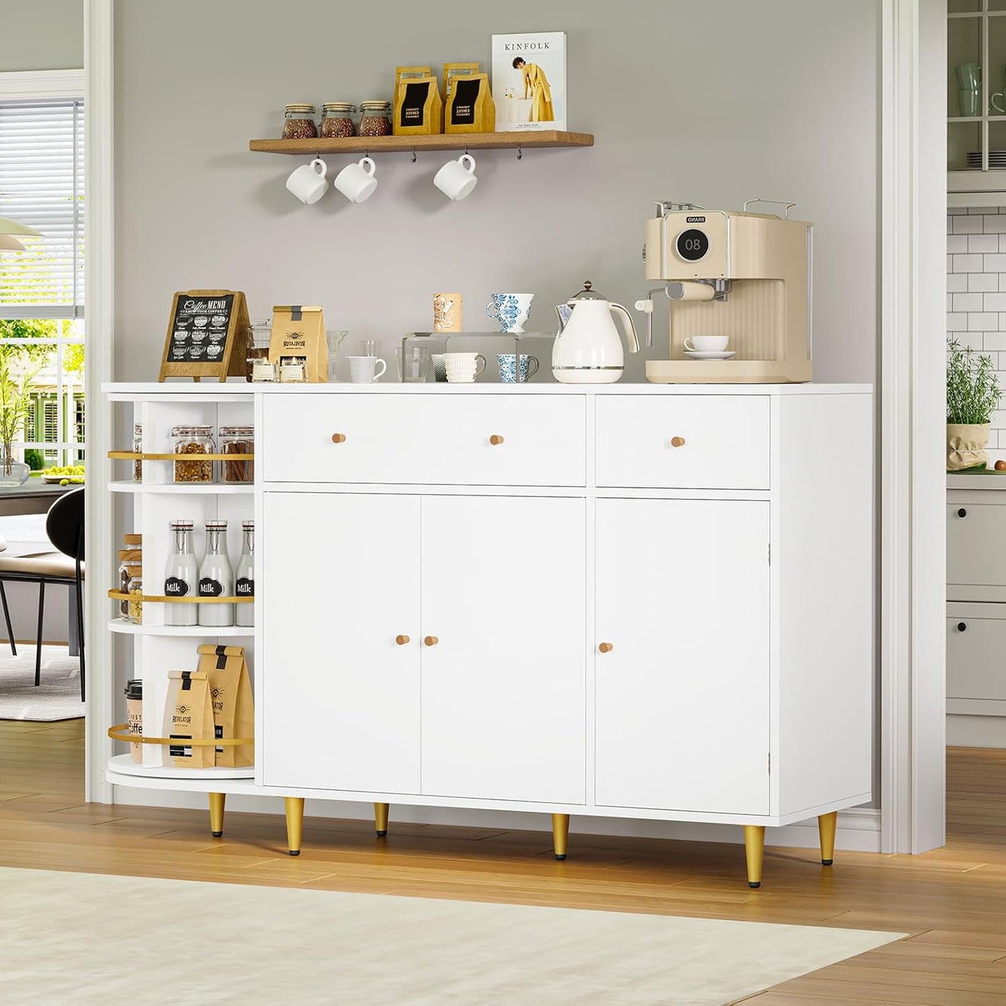 DICTAC White Buffet Cabinet with Storage and Power Outlets, 55" Large Modern Kitchen Sideboard Buffet with Drawers, Cabinet, Rotating Organizer, Trays, Wood Coffee Bar tation for Kitchen