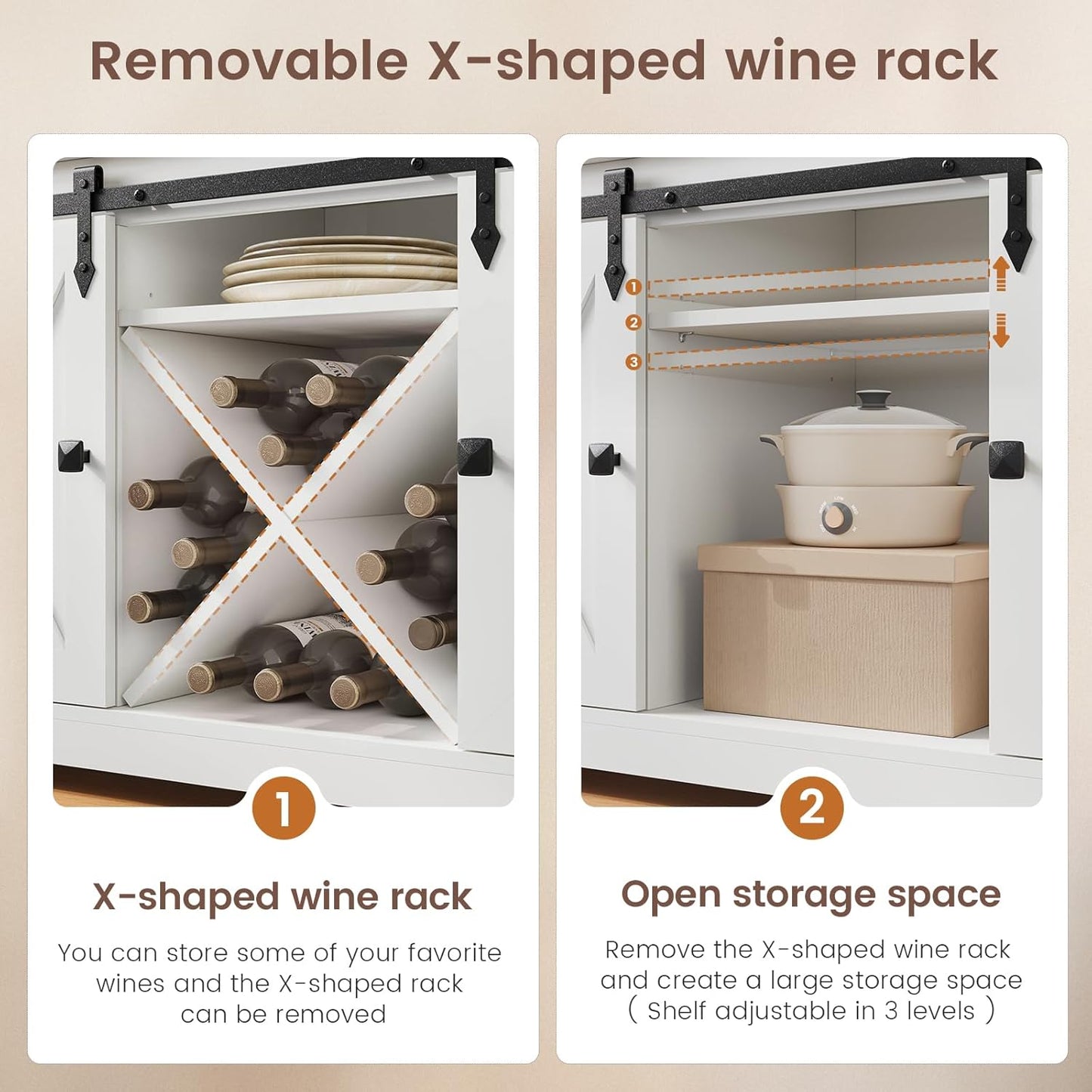 DICTAC Buffet Cabinet with Storage and Charging Station Coffee Bar Station with LED Light Farmhouse Kitchen Sideboard Cabinets with Hutch,Wine Cabinet with Sliding Barn Door and Wine Glass Rack,White