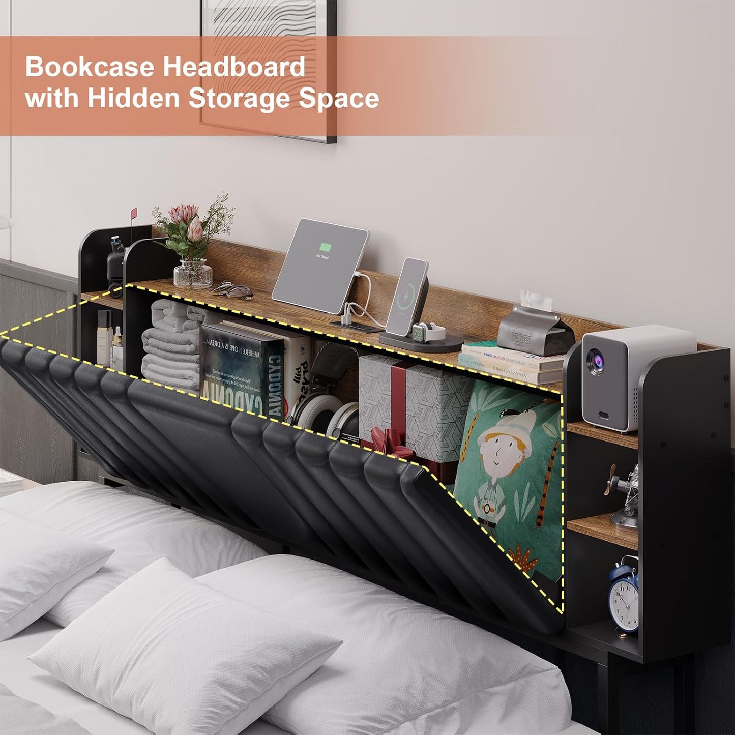 Hasuit California King Floating Led Bed Frame with Hidden Storage Headboard and Charging Station Cal King Size Visual Floating Platform Bed with Led Lights,No Box Spring Needed,Black+Rustic