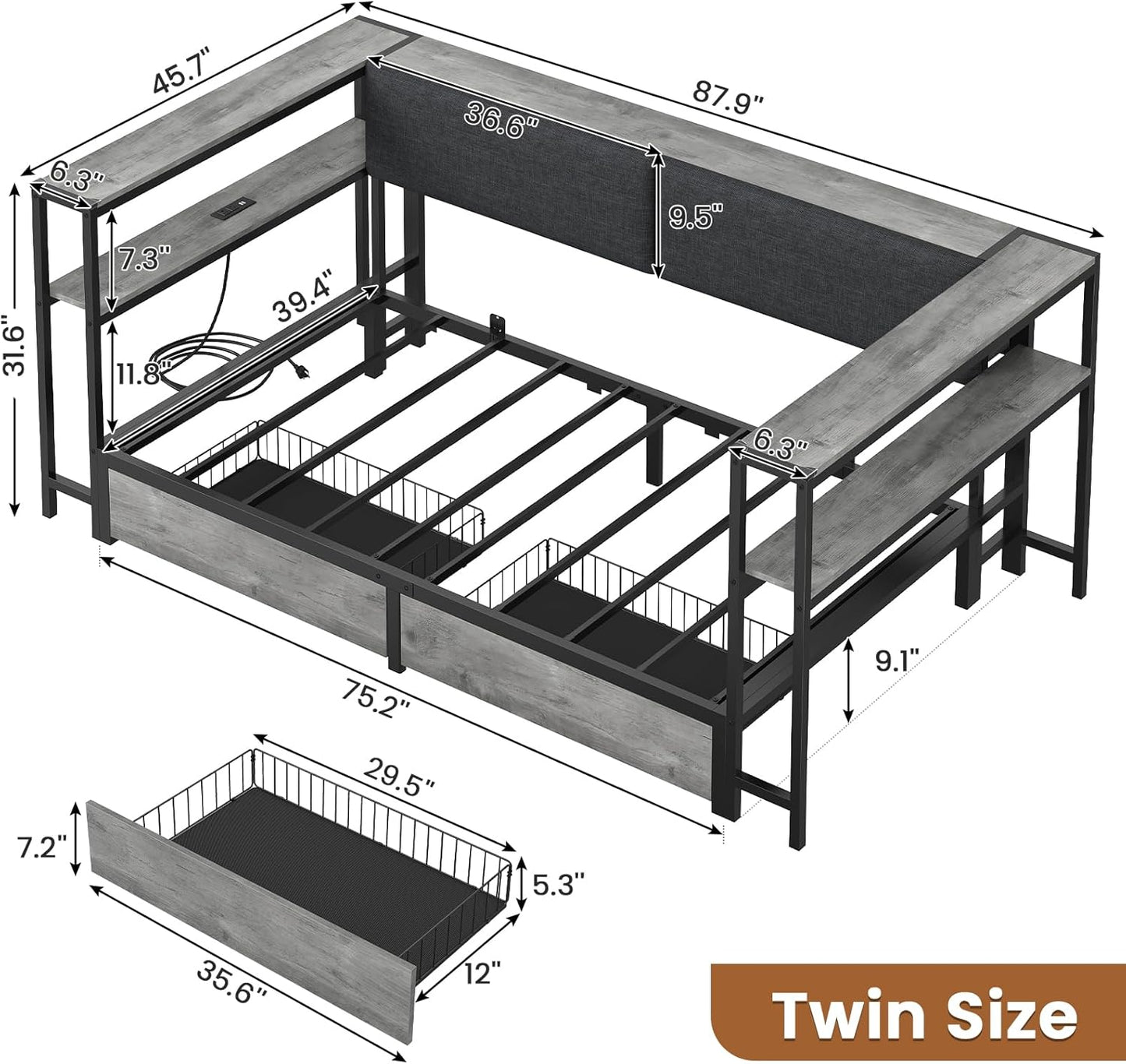 Hasuit Twin Daybed with Storage Bookcase and Drawers, Kids Bedroom Bed Frame Twin Size Unit with Charging Station, Corner Bed with Armrest Storage Shelves and Upholstered Backrest for Small Space