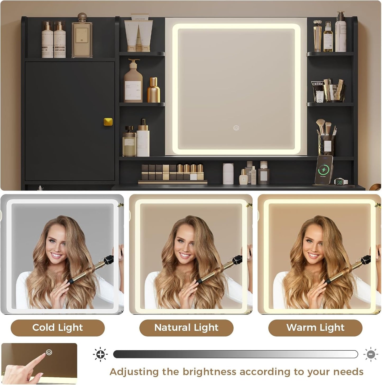 Hasuit Makeup Vanity Desk with Mirror and LED Lights Charging Station Jewelry Cabinet Black