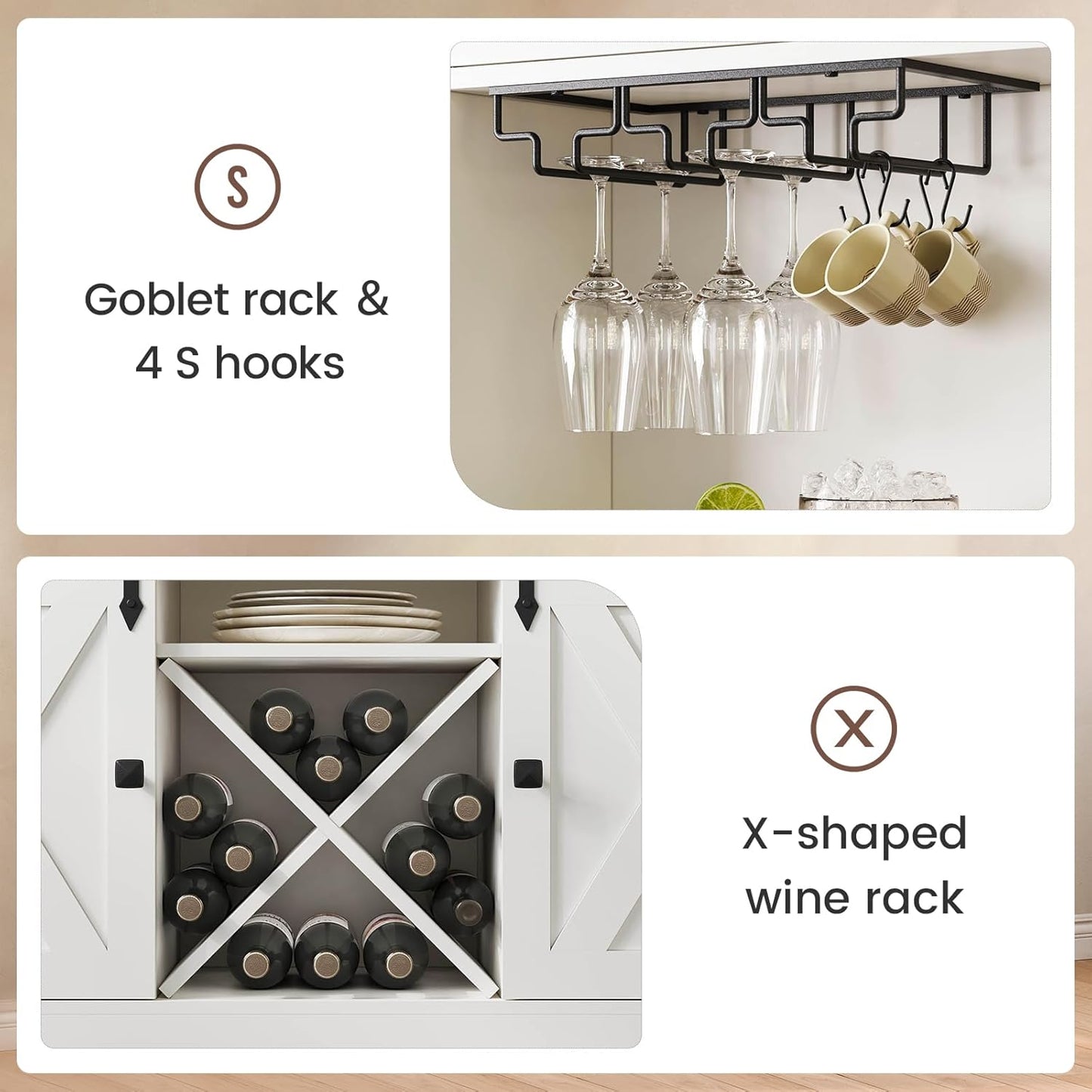 DICTAC Buffet Cabinet with Storage and Charging Station Coffee Bar Station with LED Light Farmhouse Kitchen Sideboard Cabinets with Hutch,Wine Cabinet with Sliding Barn Door and Wine Glass Rack,White
