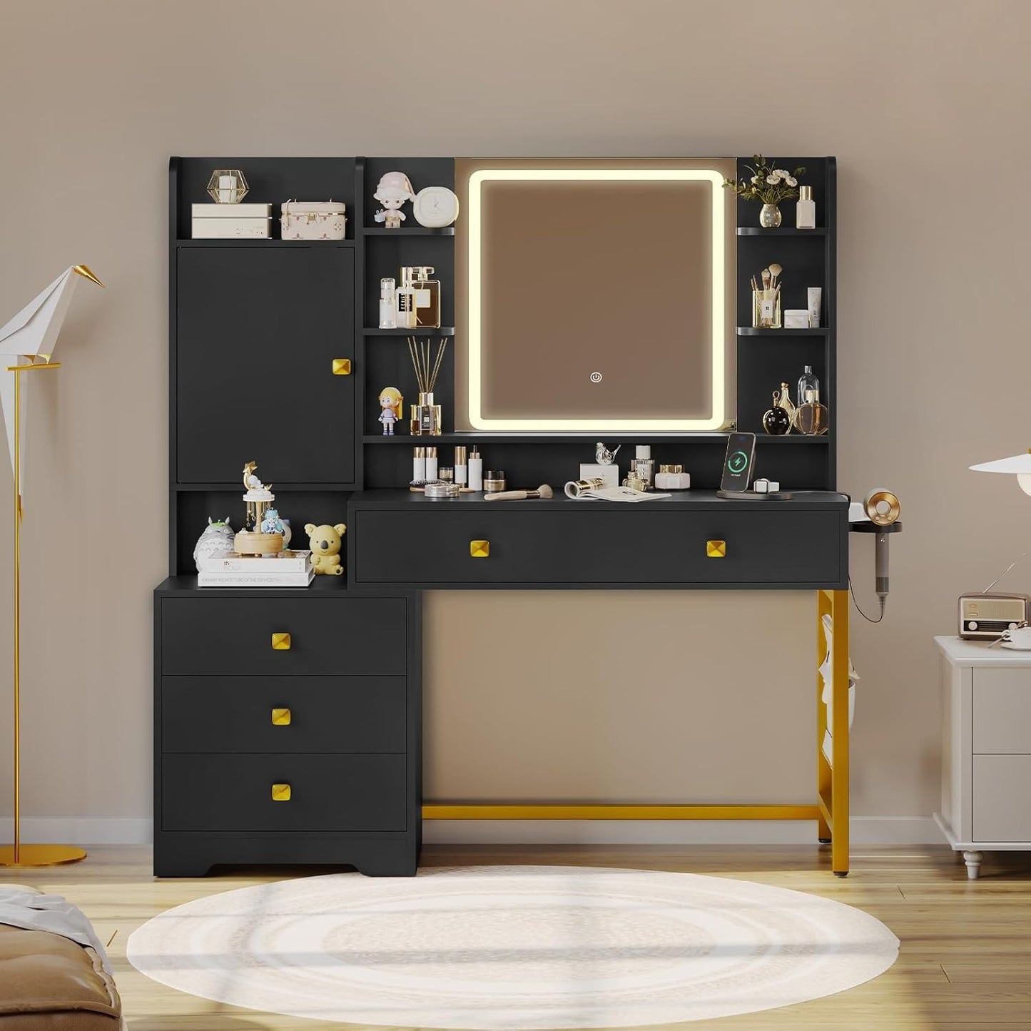 Hasuit Makeup Vanity Desk with Mirror and LED Lights Charging Station Jewelry Cabinet Black