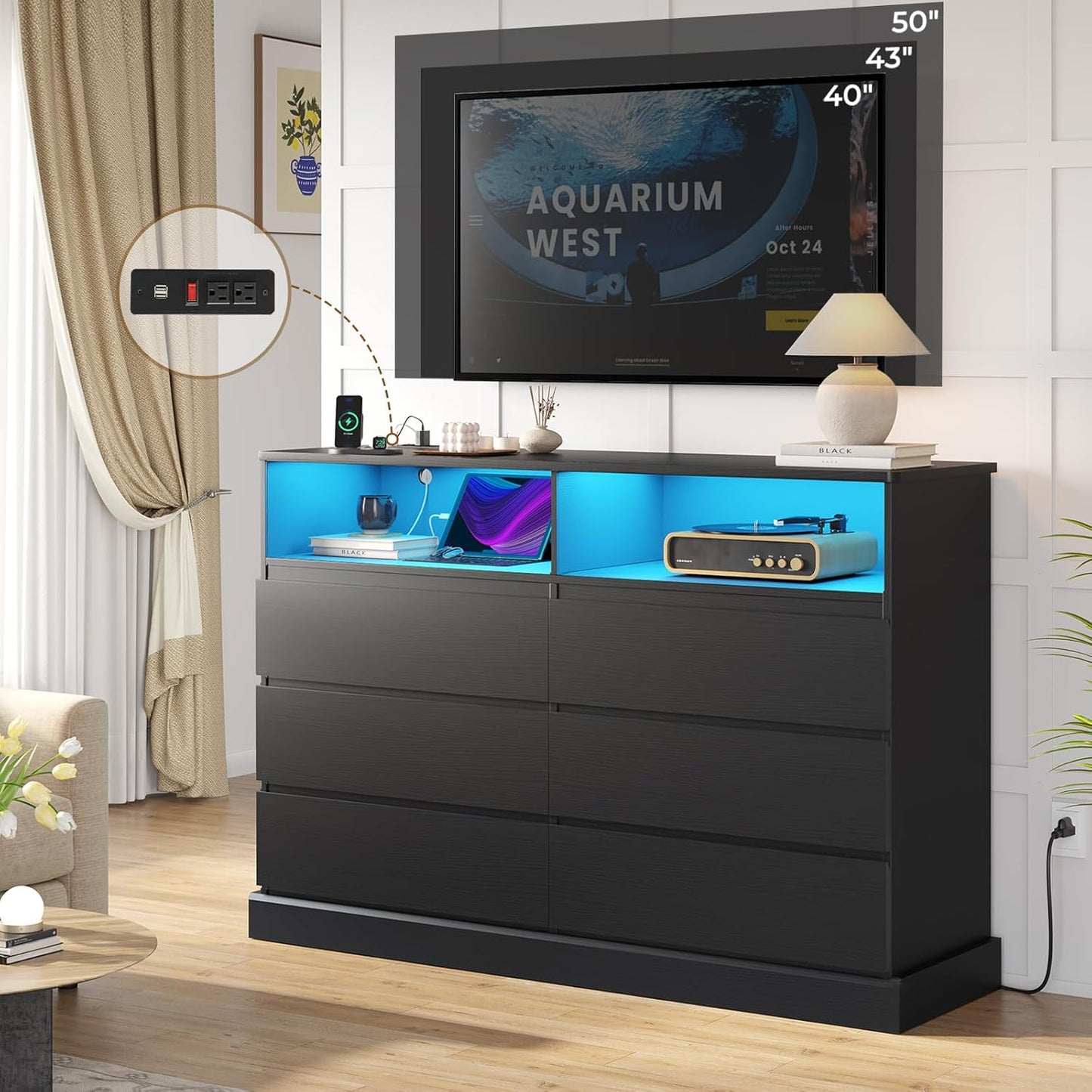 Hasuit Black Dresser for Bedroom with LED Lights and Charging Station, 51.2" Long Dressers Chest of Drawer with Large Drawers and Open Space, Modern 6 Drawer Dresser for Bedroom, Living Room, Entryway