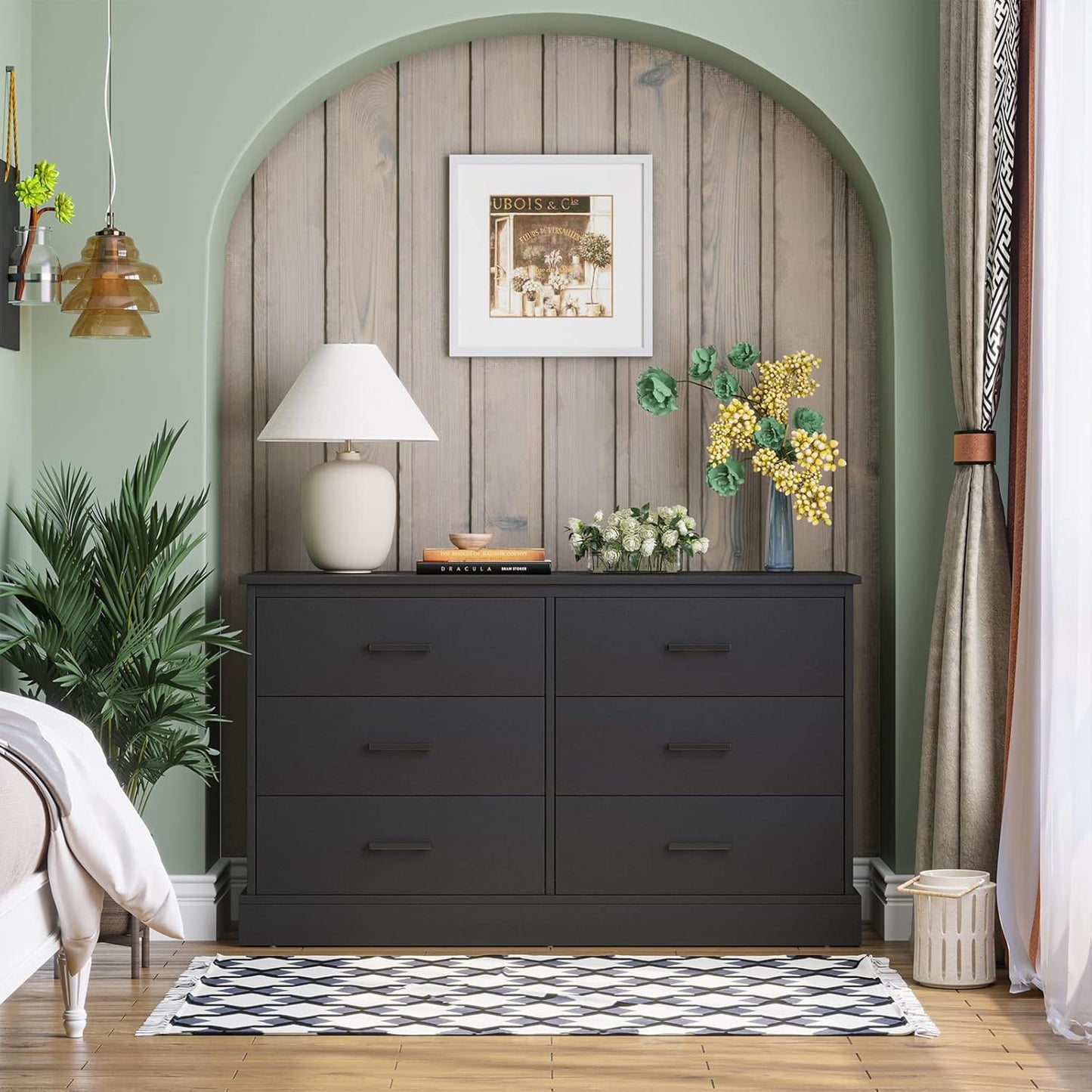 Hasuit Black 6 Drawer Double Dresser for Bedroom, Wood Storage Tower Clothes Organizer, Wide Chest of 6 Drawers, Large Storage Cabinet, Dresser with Sturdy Base for Bedroom, Hallway, Entryway