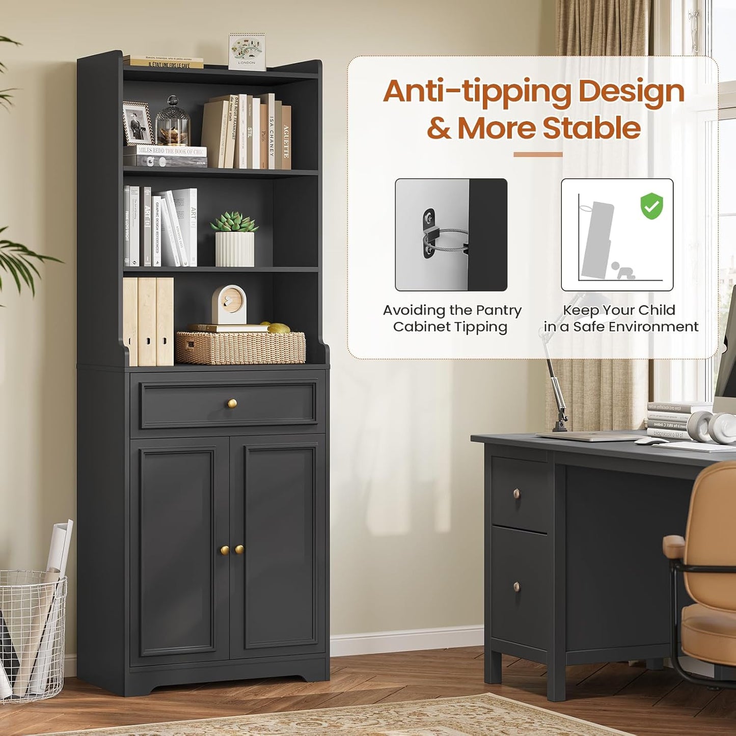 DICTAC Bookcase with Drawers and Doors 73.23'' Tall Bookshelf with Open Shelves Black Freestanding Kitchen Pantry with Microwave Stand Storage Cabinet Organizer for Living Room,Study,Bathroom,Office
