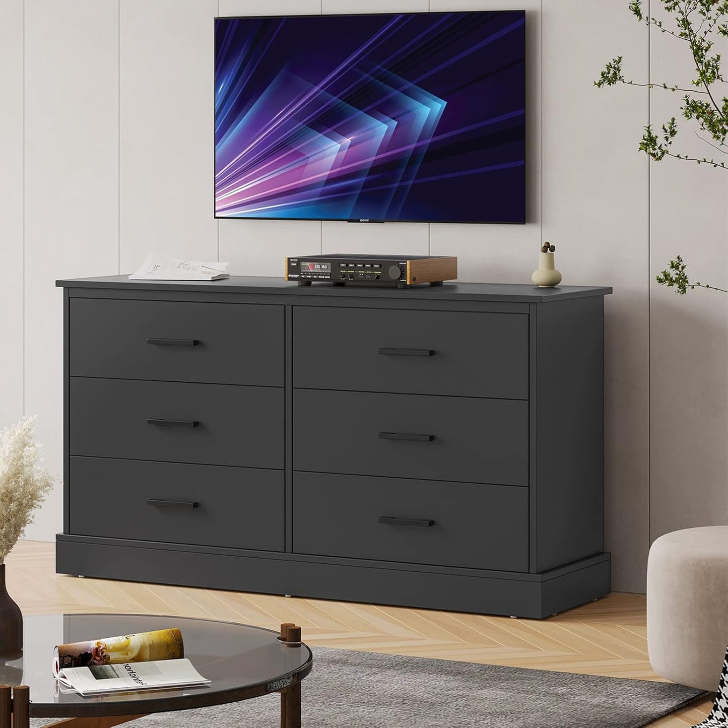 Hasuit Black 6 Drawer Double Dresser for Bedroom, Wood Storage Tower Clothes Organizer, Wide Chest of 6 Drawers, Large Storage Cabinet, Dresser with Sturdy Base for Bedroom, Hallway, Entryway