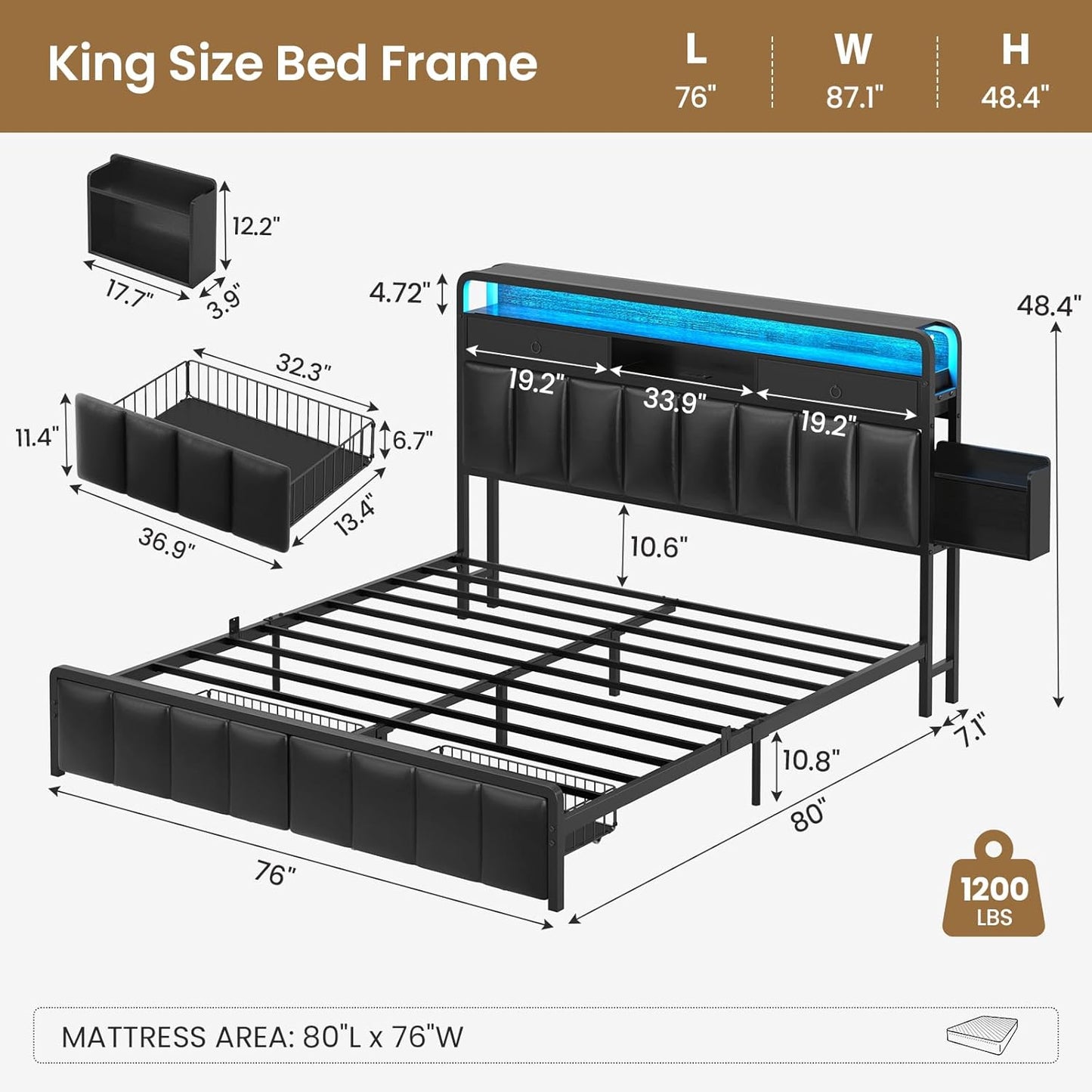 King Bed Frame with Storage Drawers, Upholstered Headboard with Hidden Storage Shelf, LED Lights and Charging Station, Metal Platform Bed Frame Queen Size, Noise Free, No Box Spring Needed
