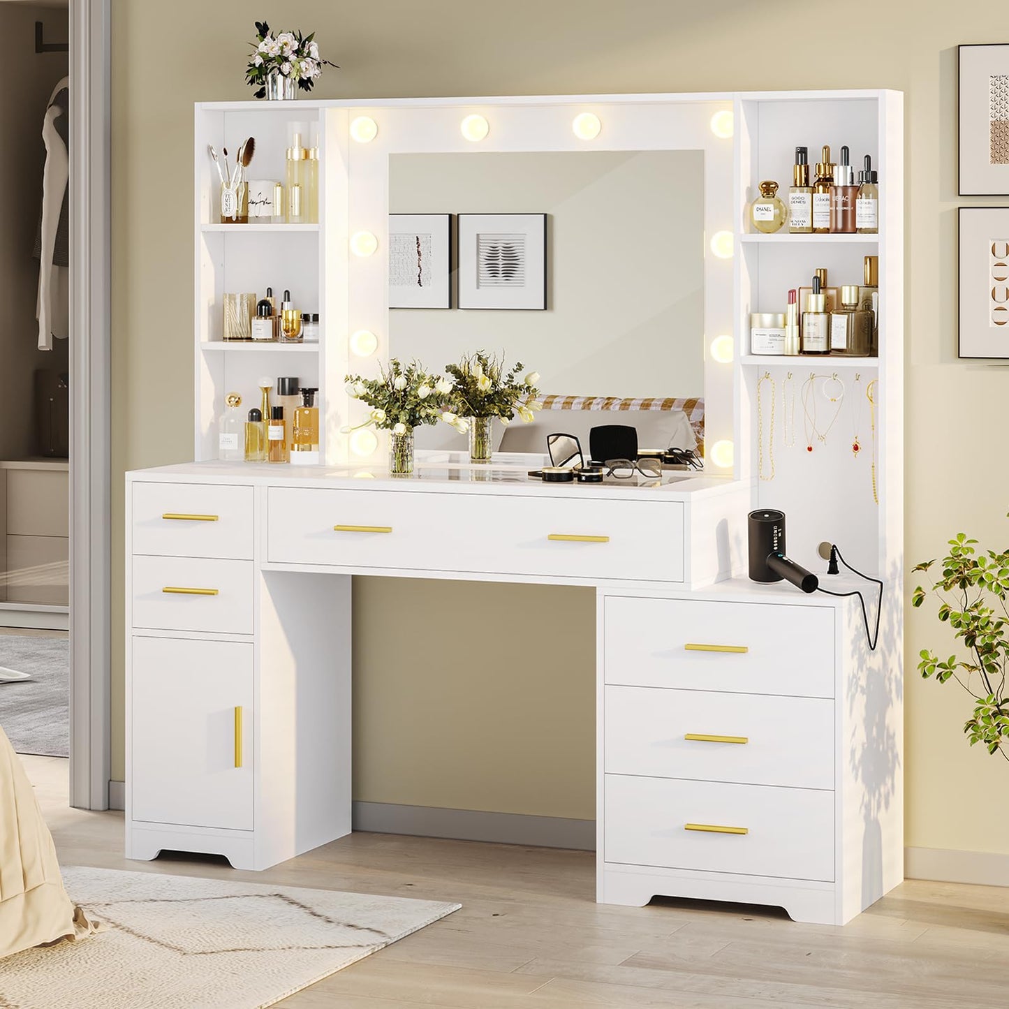 Hasuit 48.8'' Large Vanity Desk with Lighted Mirror & Power Outlet, Black Makeup Vanity Table with 6 Drawers, 4 Shelves and 1 Storage Cabinet, Glass Tabletop Bedroom Dressing Table, 3 Lighting Modes