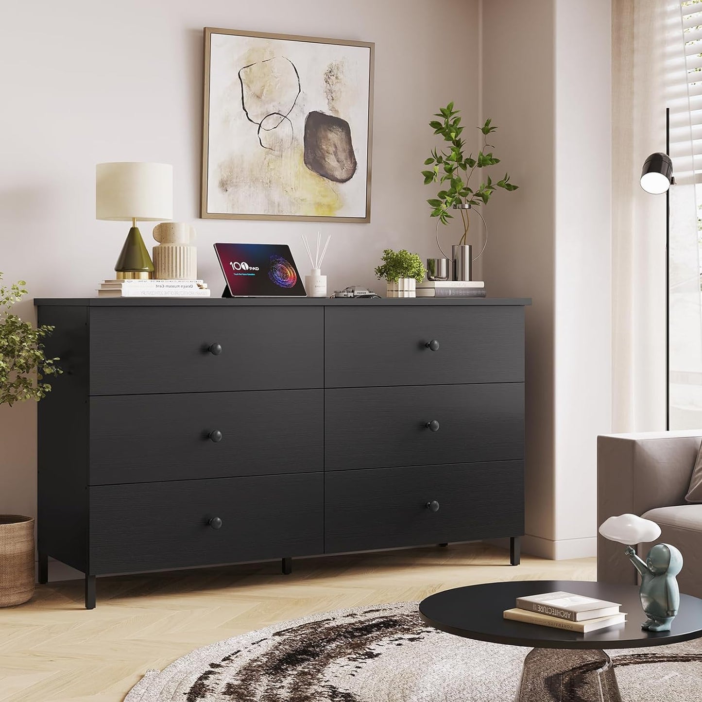 Hasuit 6 Drawers Double Dresser, Wooden Dressers with Heavy Sturdy Steel Frame, Large Capacity Storage Chest of Drawers, Black Dresser for Bedroom, Living Room, Entryway