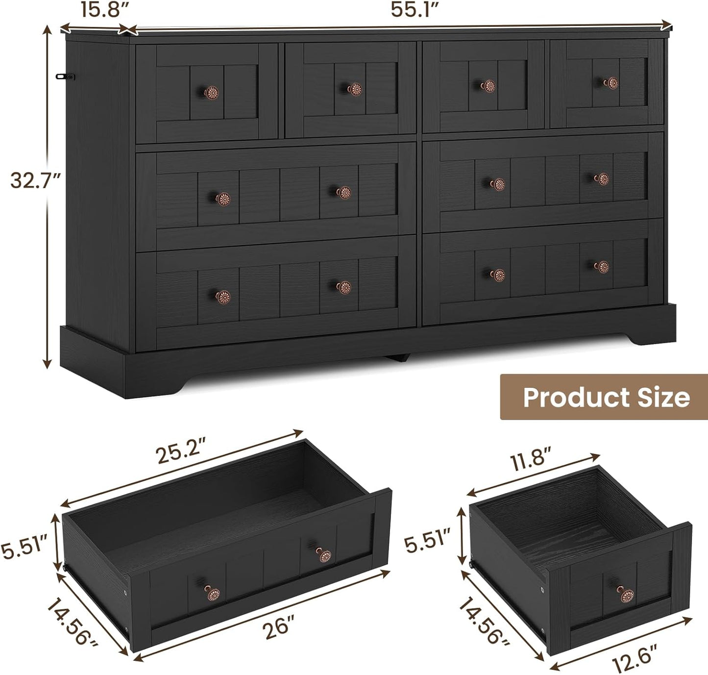 Hasuit Black Dresser for Bedroom, Farmhouse 8 Drawers Dresser, 55" Wide Dressers Chest of Drawers with Hand Carved Panel, Large Wood Closet Storage Organizers Dressers for Bedroom, Living Room Hallway