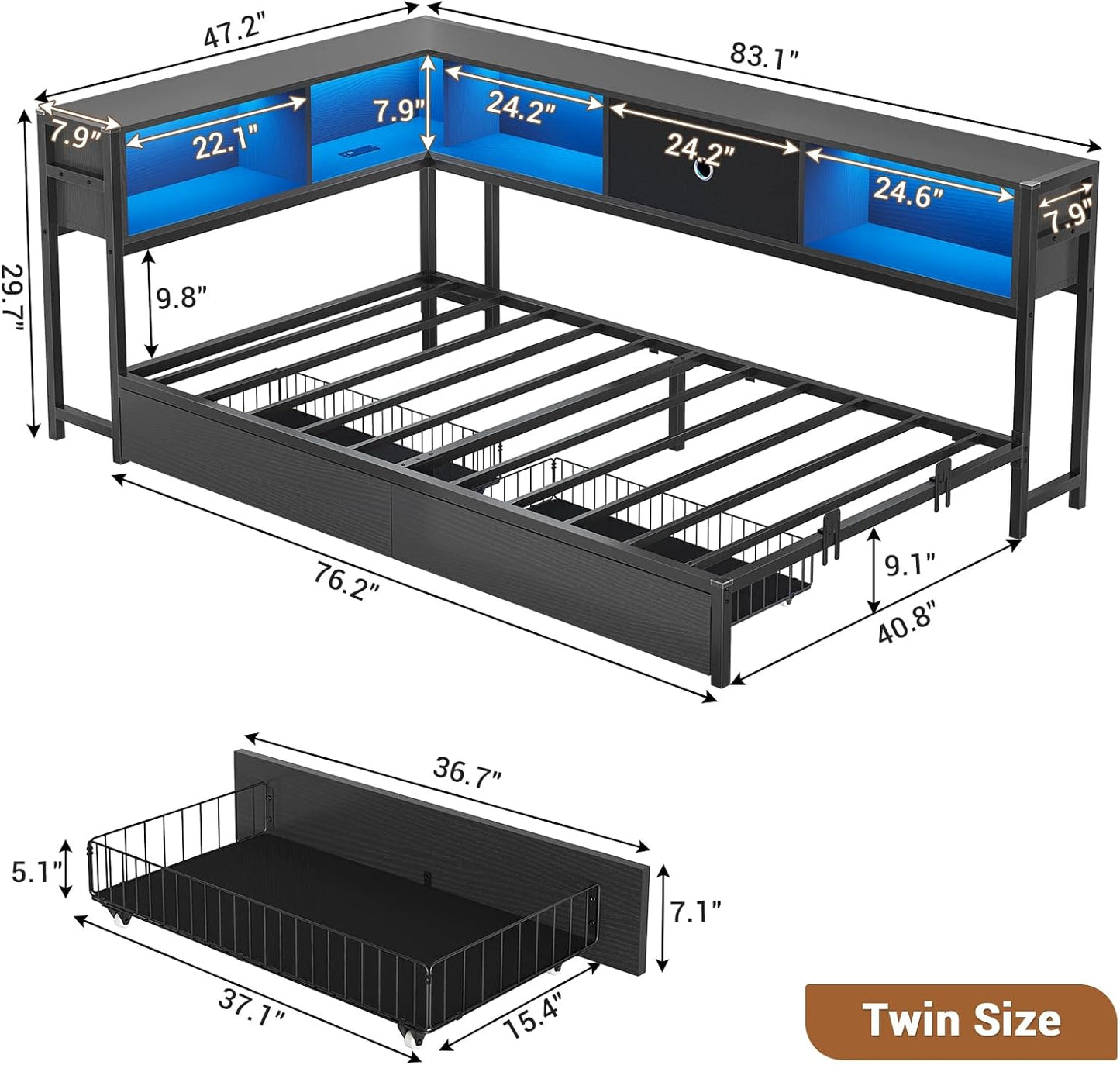 Hasuit Kids Corner Twin Bed with Storage, Charging & LED Light