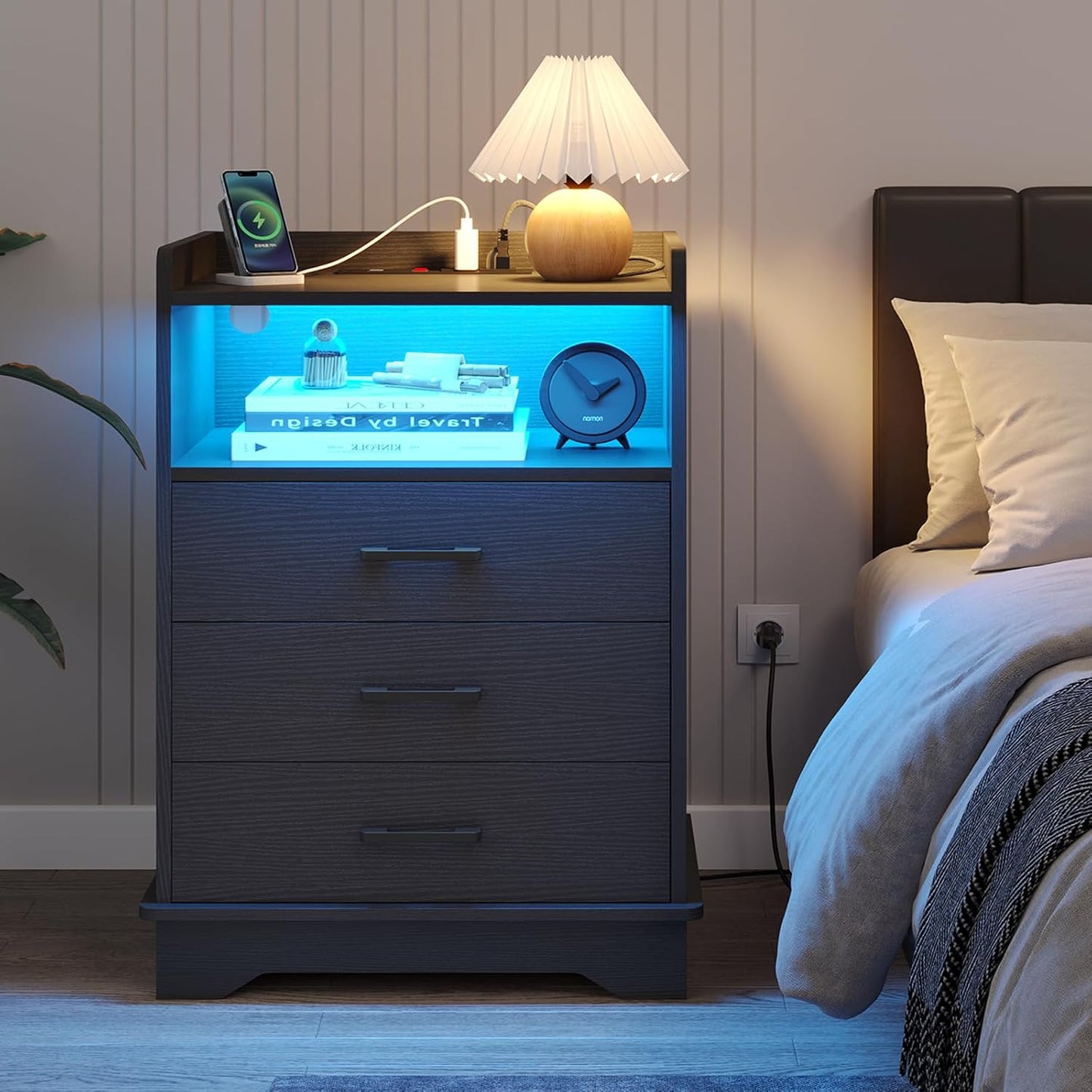 Hasuit Nightstand with Charging Station and LED Lights, Modern End Table with 3 Drawers and Open Storage, Large Bedside Table with Sturdy Base, Black Night Stand for Bedroom