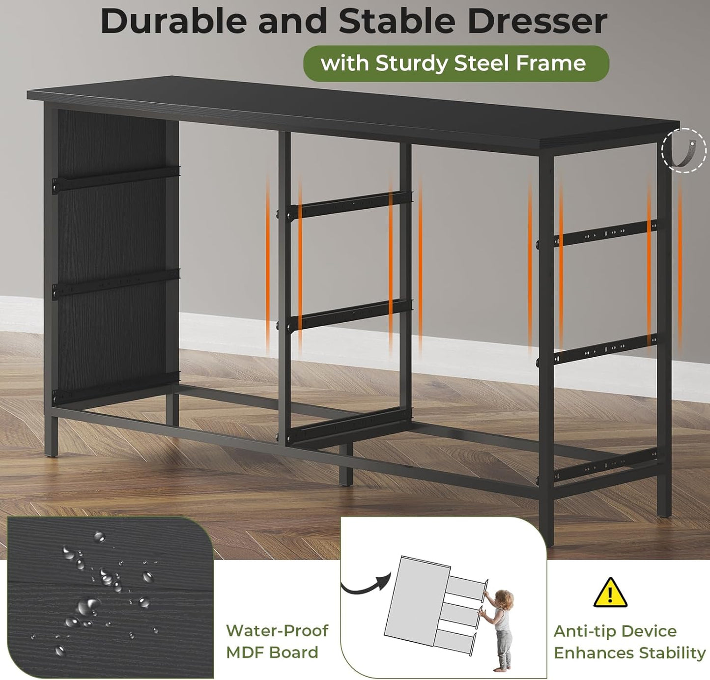 Hasuit 6 Drawers Double Dresser, Wooden Dressers with Heavy Sturdy Steel Frame, Large Capacity Storage Chest of Drawers, Black Dresser for Bedroom, Living Room, Entryway