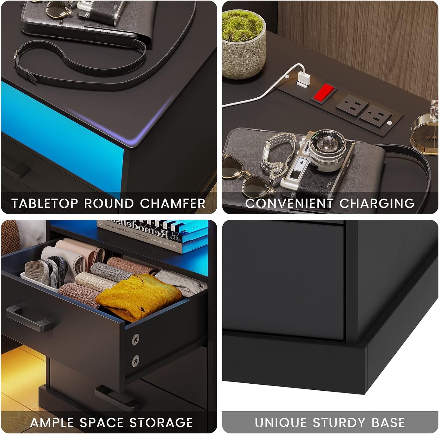 Hasuit Nightstand with Charging Station and LED Lights, Large Bedside Table with 3 Storage Drawer, Black Night Stand for Bedroom, Wider Tabletop 19.0''(L) x 15.0''(W)