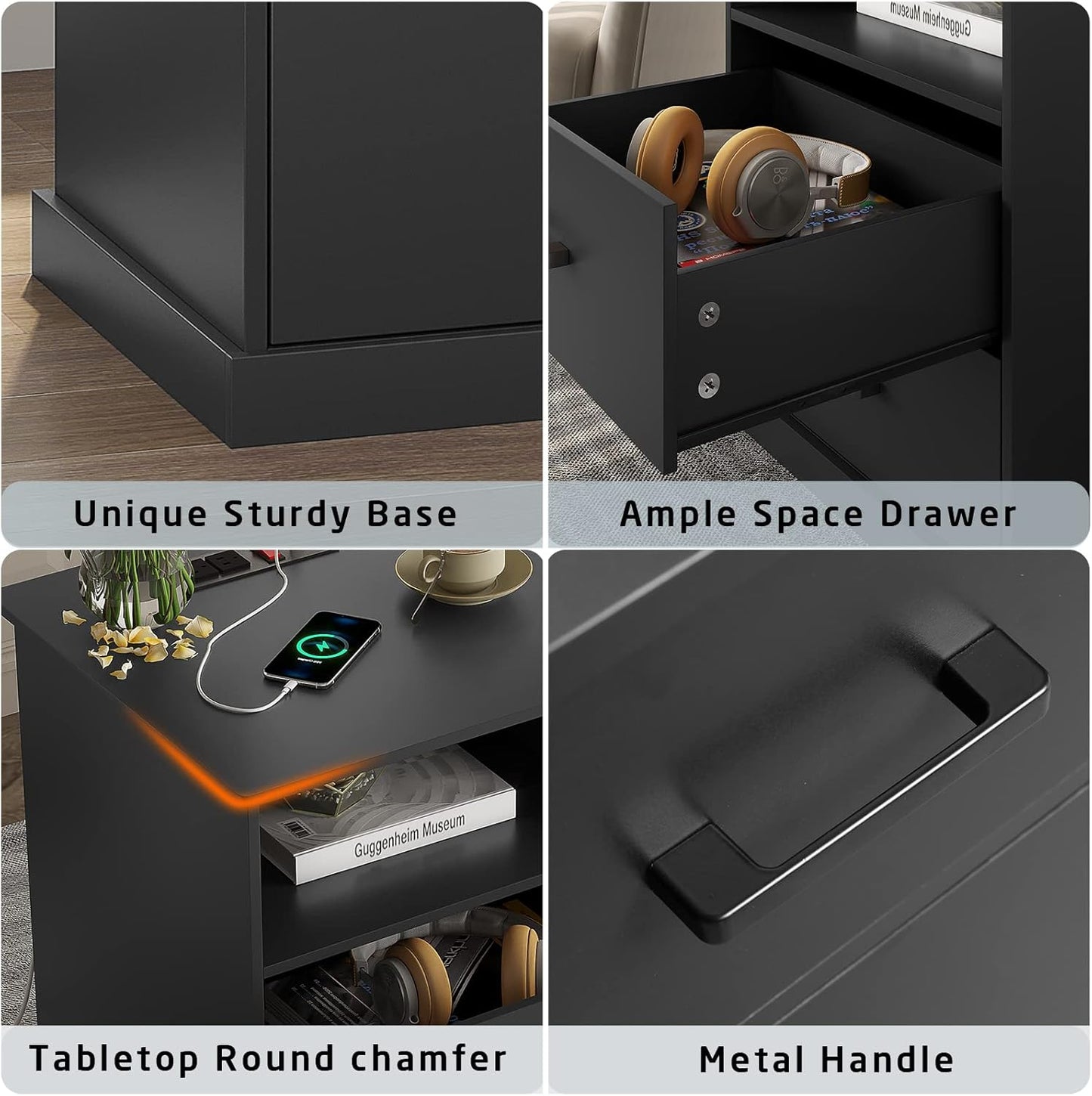 Hasuit Night Stand Set of 2 with Charging Station, Large Nightstands with Storage Drawers and Open Cubby, Black Bedside Side End Table for Home Office, Wider Tabletop 19.0'' x 15.0''
