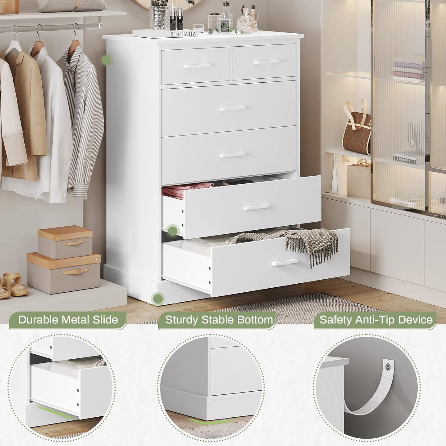Hasuit White Dresser for Bedroom, 6 Drawers Wood Storage Tower Clothes Organizer, Chest of 6 Drawers, Large Capacity Storage Cabinet, Tall Dresser for Bedroom, Hallway, Entryway