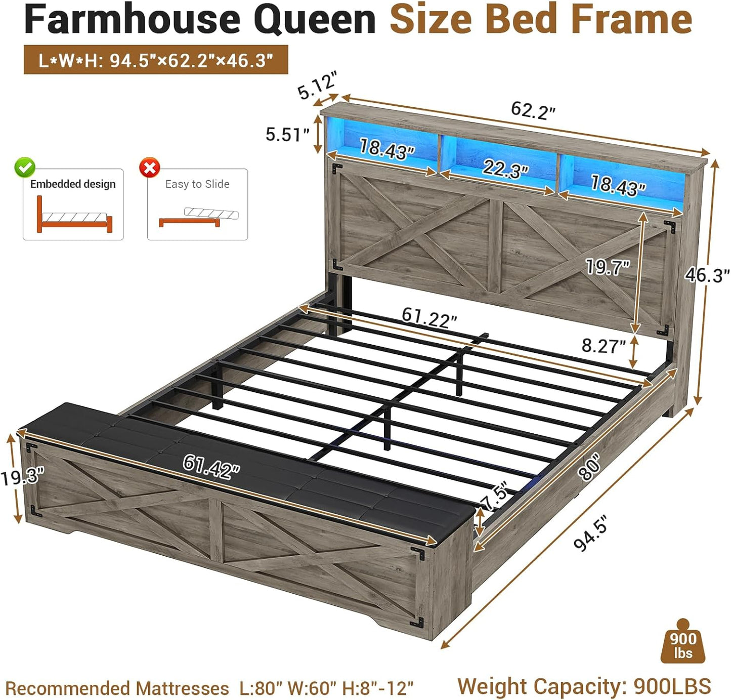 Hasuit Queen Size Bed Frame with Storage Ottoman, Farmhouse Bed Frame with Charging Station and Led Light, Headboard with Storage Rack, Metal Slats, No Noise Design, No Box Spring Needed,Oak Grey