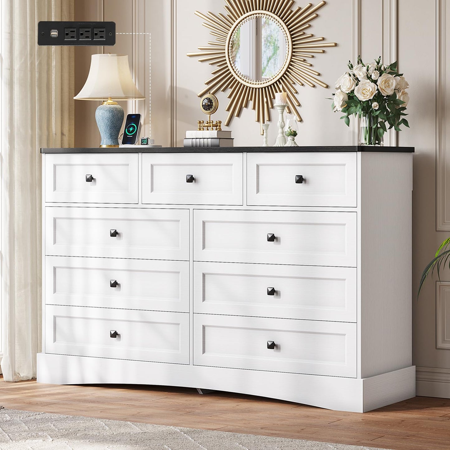 Hasuit White Dresser for Bedroom with 9 Drawers, 51.2" Large Drawer Dressers with Charging Station, Wide Farmhouse Dressers Chest of Drawers, Wooden Storage Tower Organizer, Dresser for Bedroom Closet