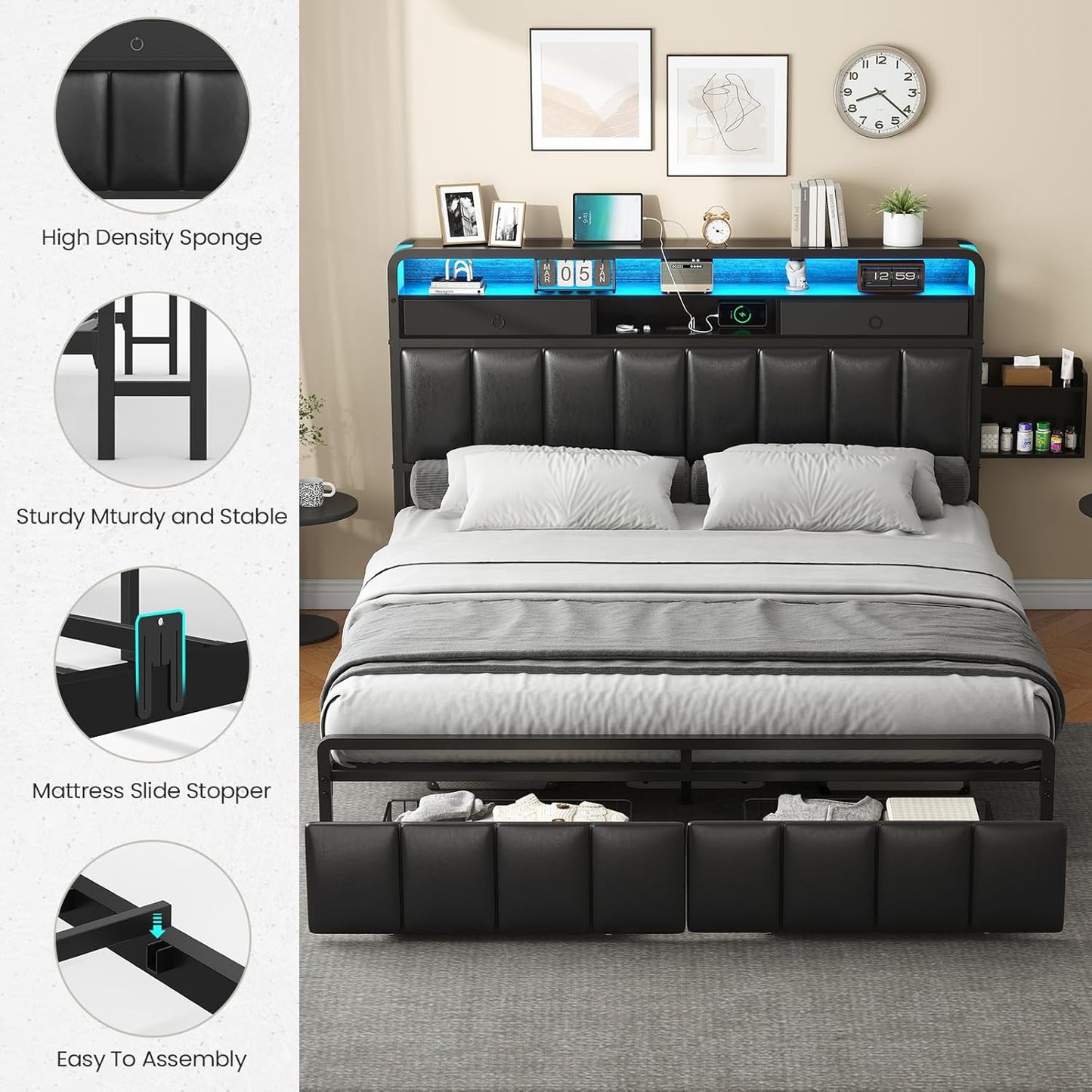 King Bed Frame with Storage Drawers, Upholstered Headboard with Hidden Storage Shelf, LED Lights and Charging Station, Metal Platform Bed Frame Queen Size, Noise Free, No Box Spring Needed