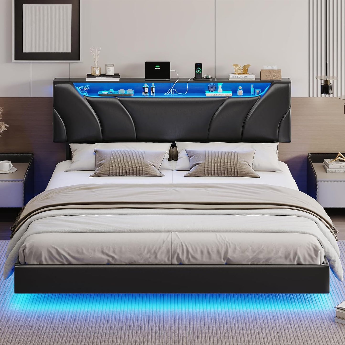 Hasuit California King Bed Frame with Hidden Storage Headboard and Charging Station Cal King Size Floating Bed Frame with Led Lights Upholstered Visual Floating Platform bed,No Box Spring Needed,Black