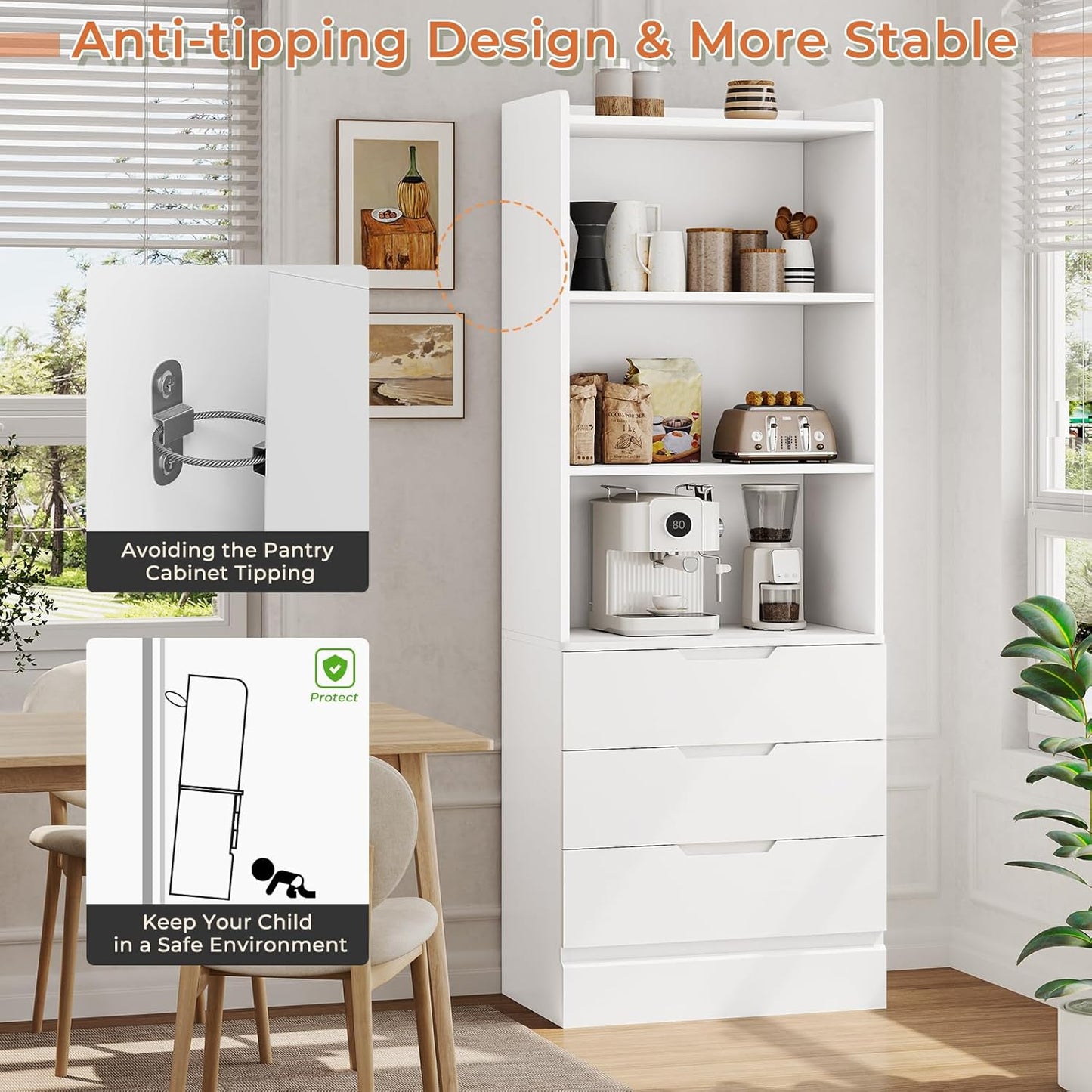 DICTAC 73.23'' Tall Storage Cabinet Bookcase with 3 Drawers and 3-Tier Open Shelves Wooden Bookshelf Kitchen Pantry Storage Organizer Cabinets for Living Room, Study, Kitchen,Bathroom,White