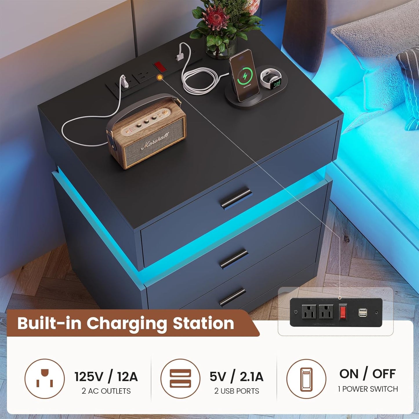Hasuit Black Night Stand with 3 Drawers, Modern Nightstand with LED Lights and Charging Station, Bedside Tables/End Table for Bedroom