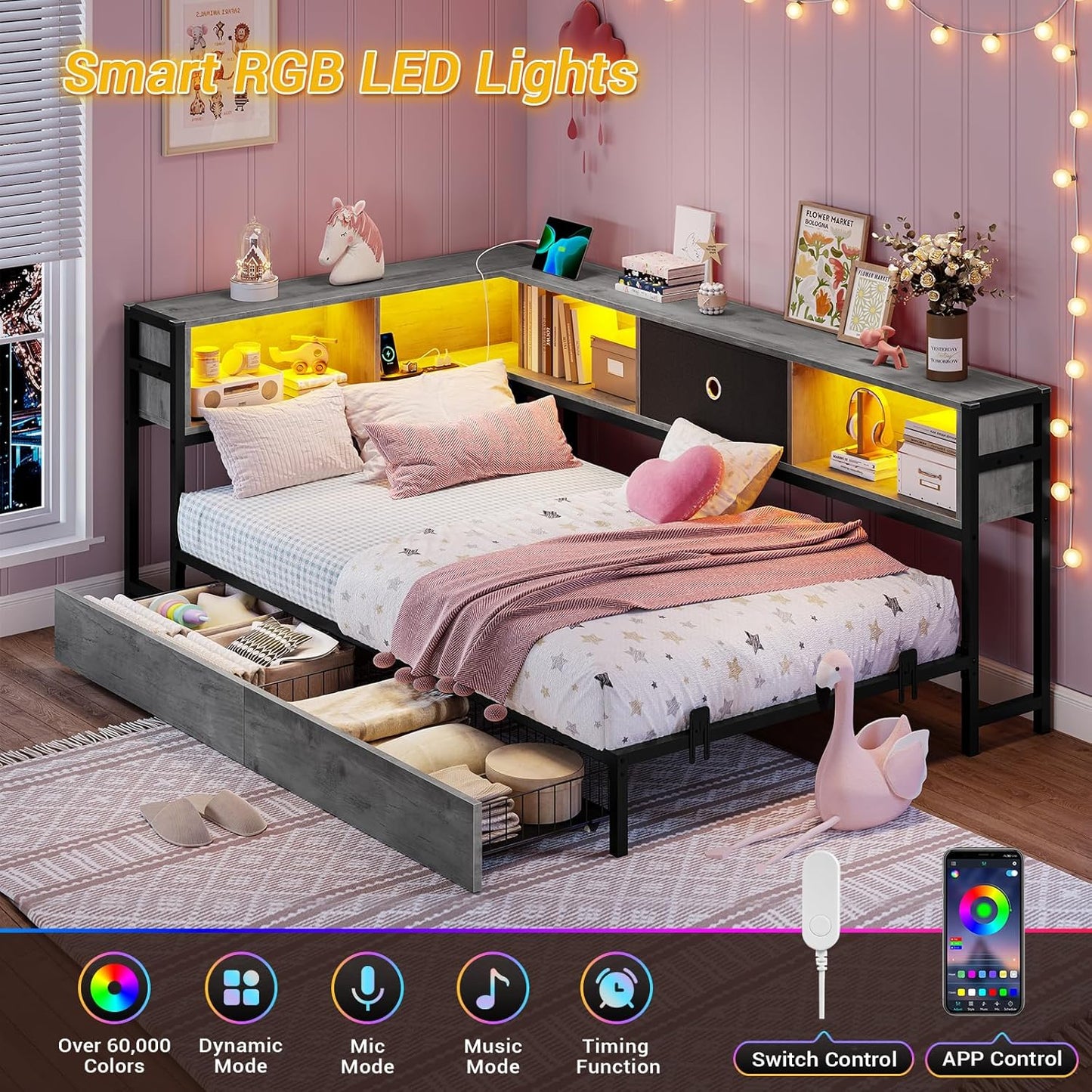 Hasuit Kids Corner Twin Bed with Storage, Charging & LED Light
