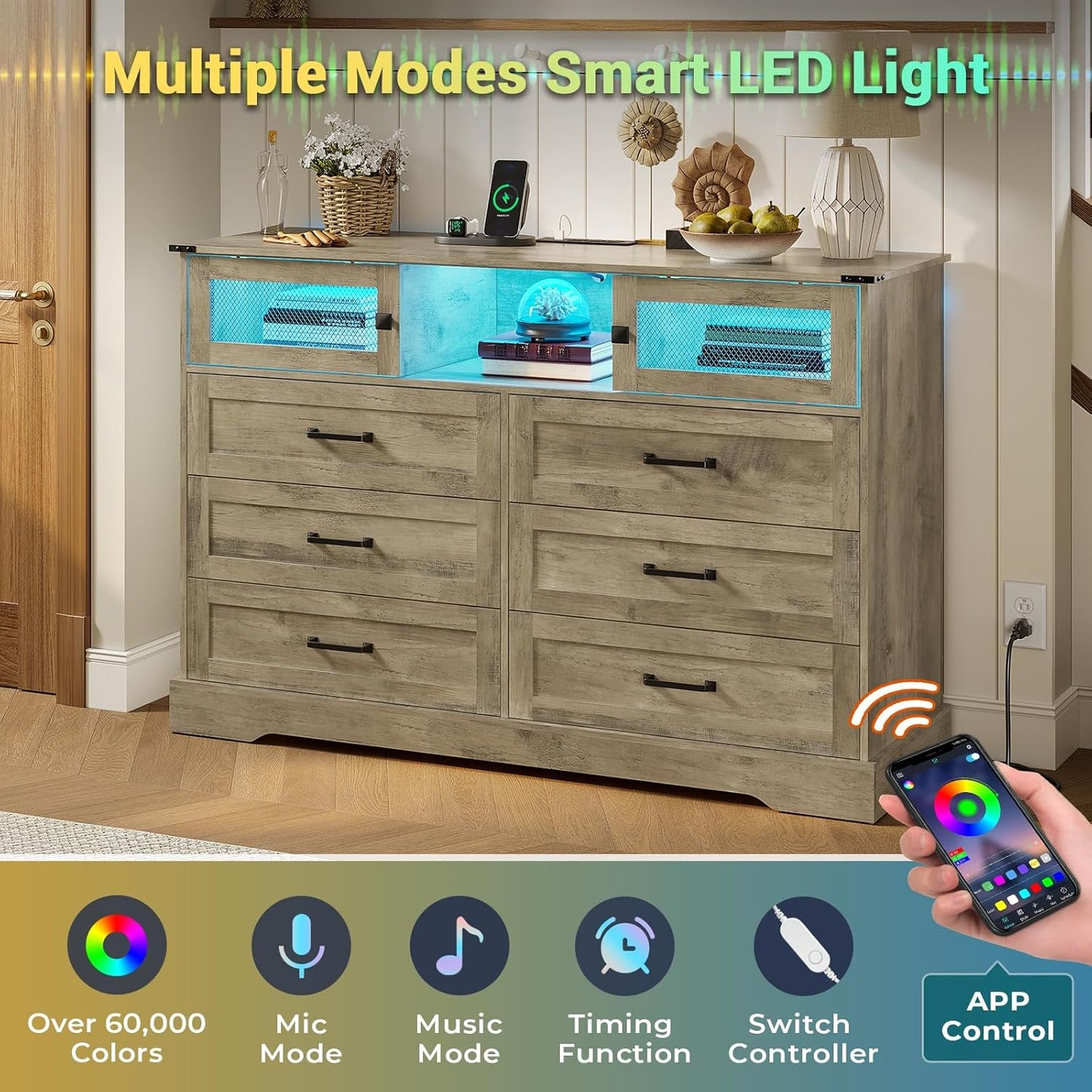 Hasuit 6 Drawer Dresser with LED Lights and Charging Station, Farmhouse Chest of Drawers Closet Organizer, Clothes Storage Cabinet Double Dressers for Bedroom, Living Room, Hallway, Rustic Oak