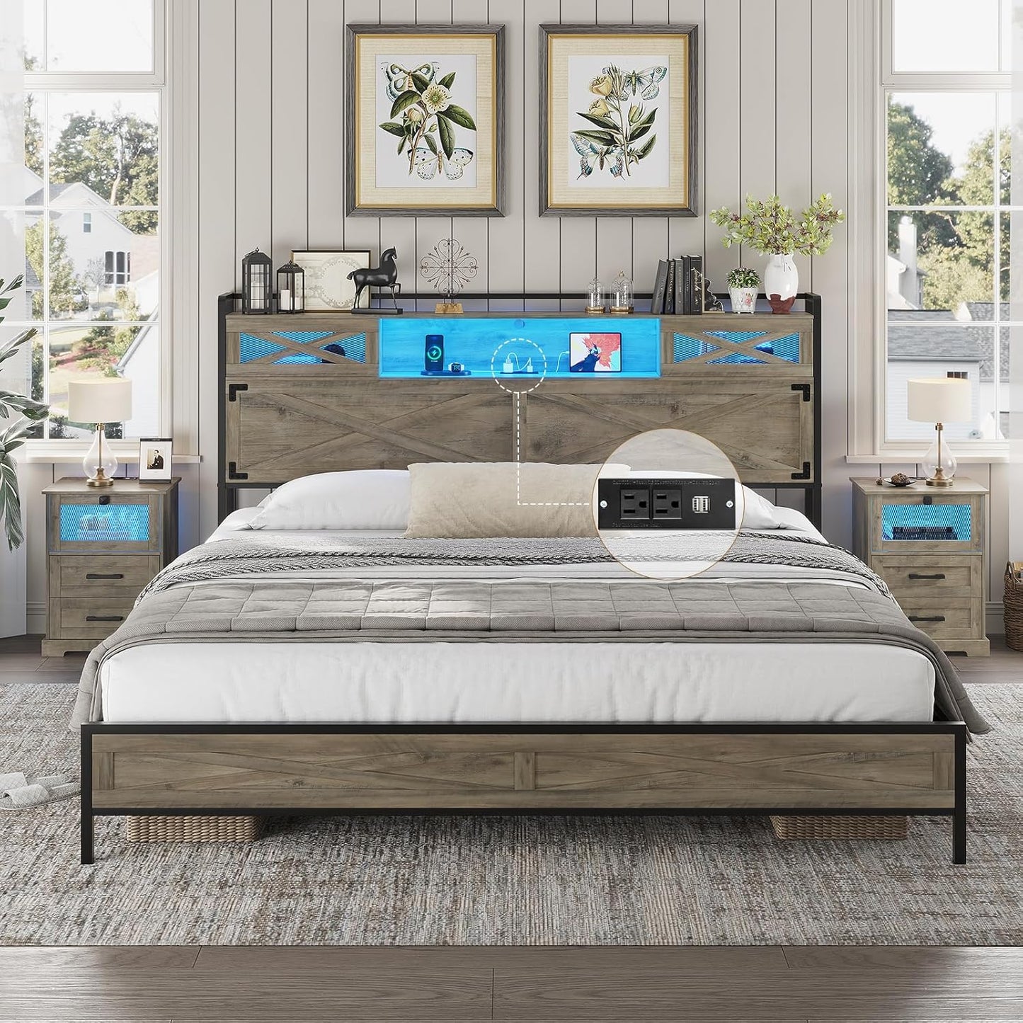 Hasuit King Bed Frame with Storage Headboard, Platform Bed King Size with Charging Station and LED Lights, Farmhouse Rustic Bed with Sliding Barn Door, Rustic Oak
