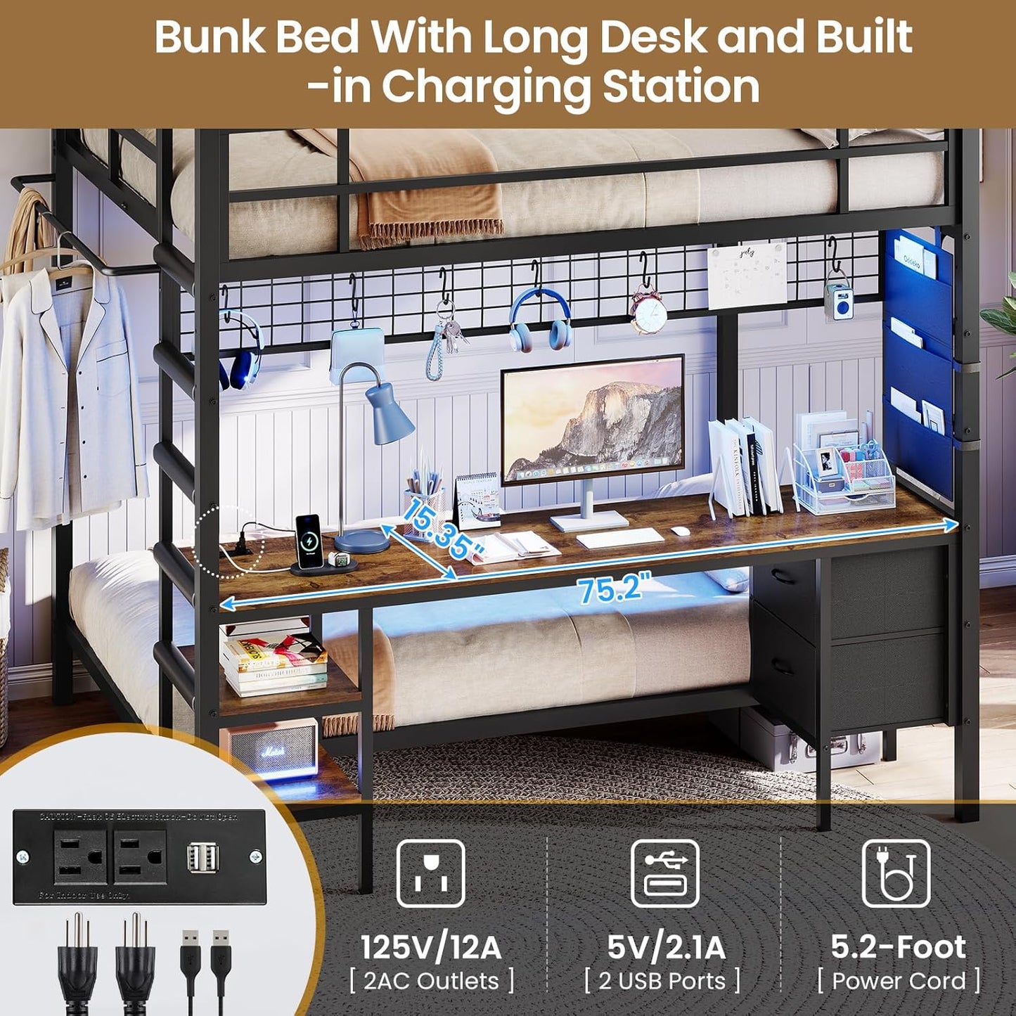 Hasuit Full Over Twin Bunk Bed with Desk Convertible Storage Shelf,Metal Loft Bed with Led Lights & Charging Station,Bunk Beds for Teens with Safety Guard & Stairs,Space Saving Bedroom Furniture,Black