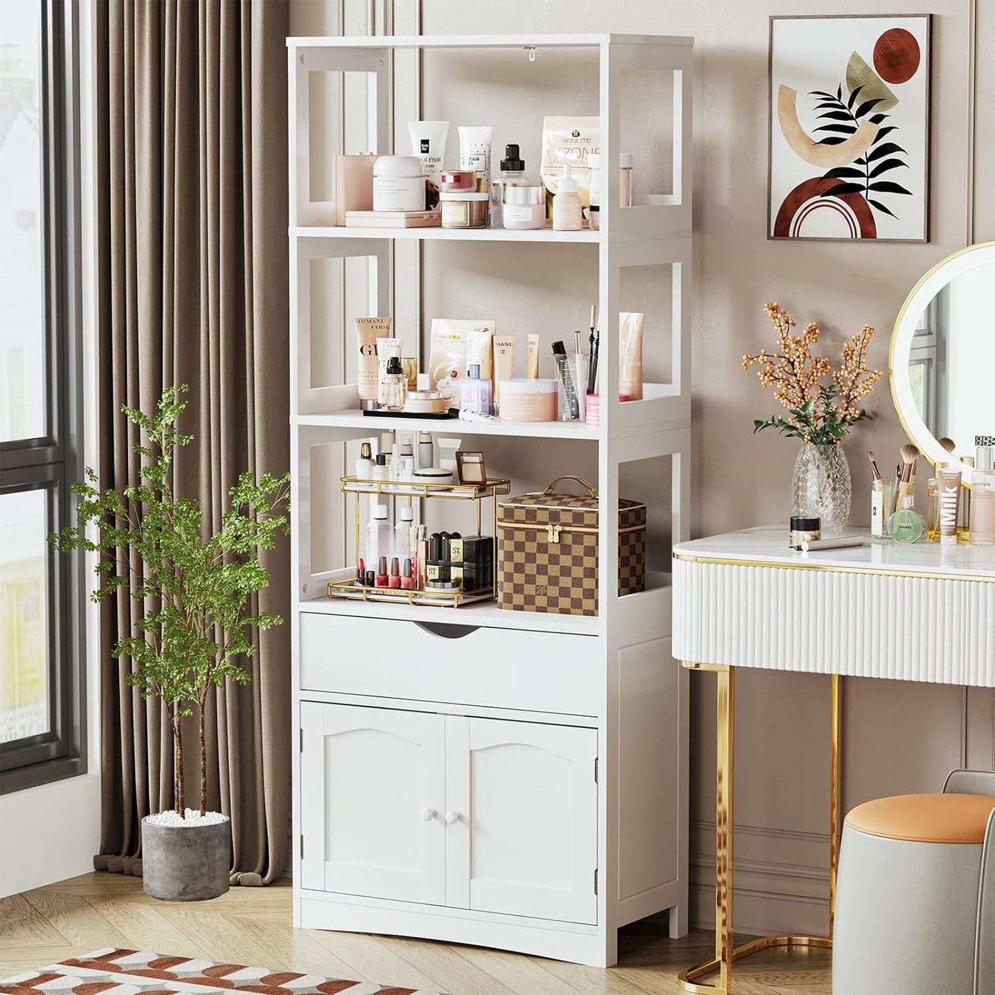 DICTAC Kitchen Pantry Storage Cabinets Freestanding Tall Bathroom Cabinet with Shelves and Drawer 64''H Sideboard Microwave Space Cupboard Organizer for Home Office,White, 23.62x13x64.06inch