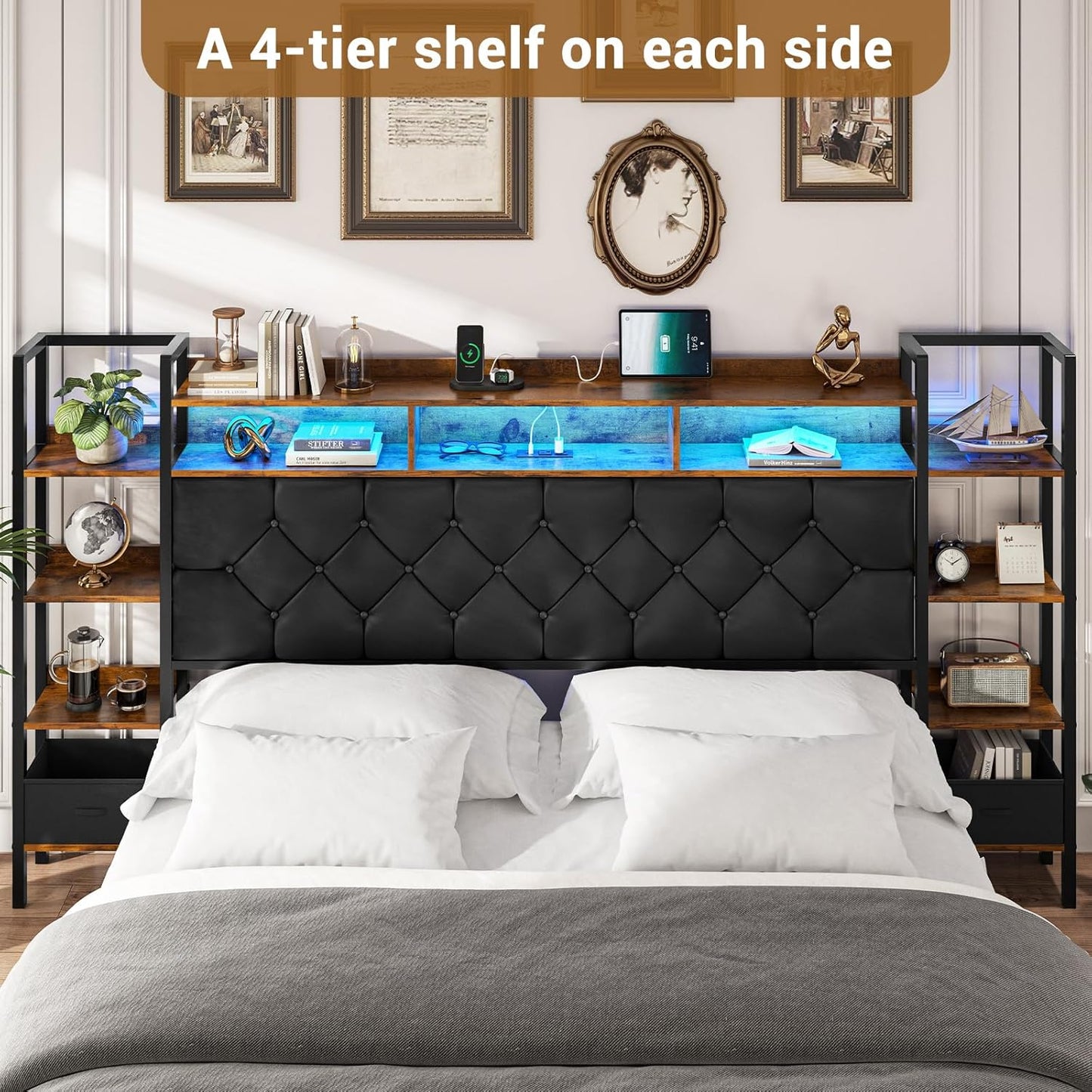 Hasuit King Farmhouse Bed Frame, King Size Platform Bed with LED Lights and Charging Station, Artificial Leather Headboard with Bookcase Shelves, No Box Spring Needed, Noise Free