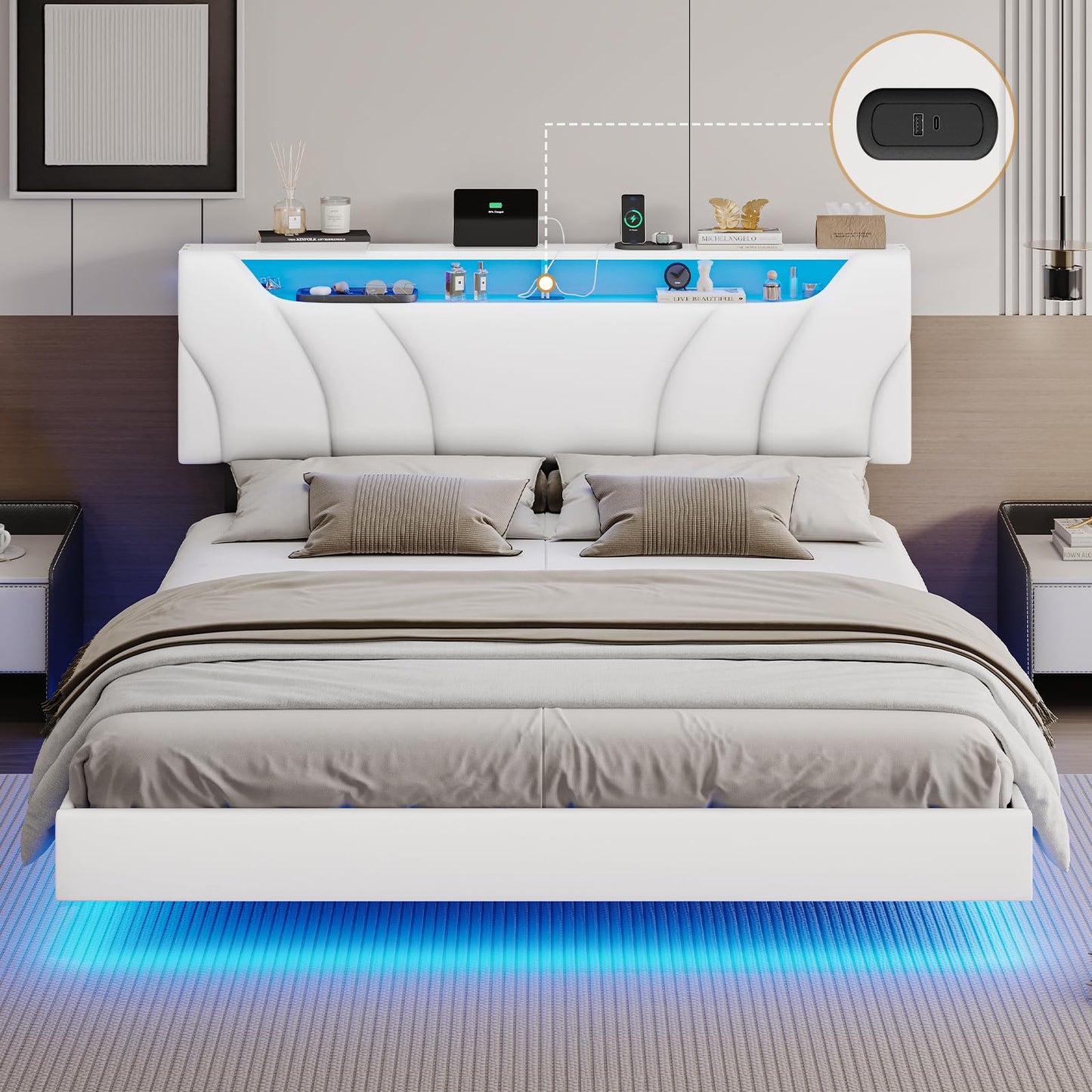 Hasuit California King Floating Led Bed Frame with Hidden Storage Headboard and Charging Station Cal King Size Visual Floating Platform Bed with Led Lights,No Box Spring Needed,Black+Rustic