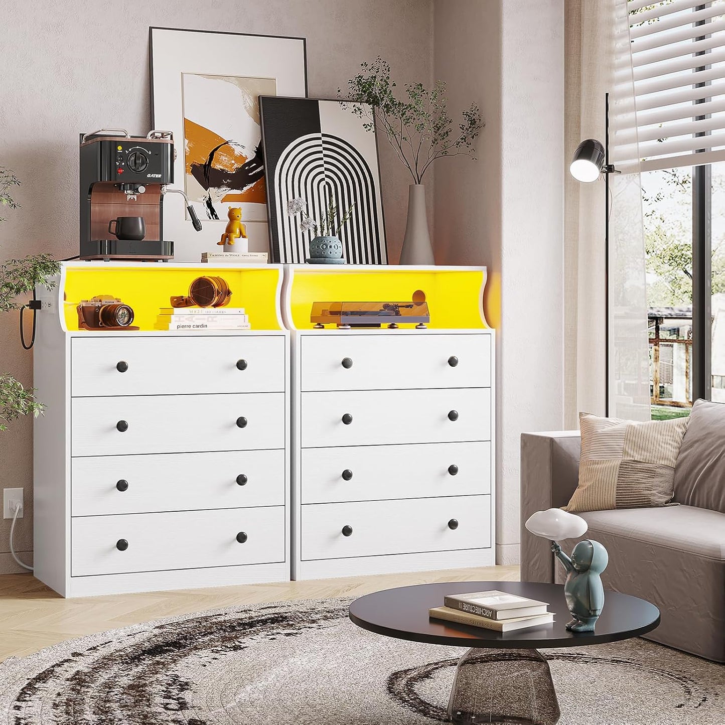 Hasuit White Dresser with Charging Station, LED Dresser with 4 Large Drawers, Chest of Drawers with Open Space, Large Capacity Tall Storage Cabinet, White Dressers for Bedroom