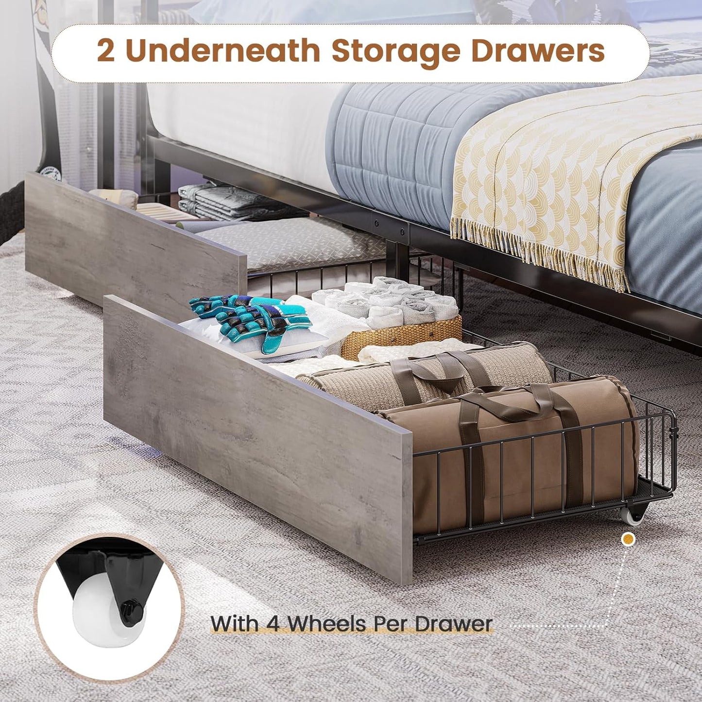 Hasuit Full Corner Bed Frame with Storage Bookcase, Full Size Daybed with 2 Underneath Storage Drawers, Kids Bed Unit with Charging Station and LED Light, Modern Teenagers Bedframe, Black&Gray