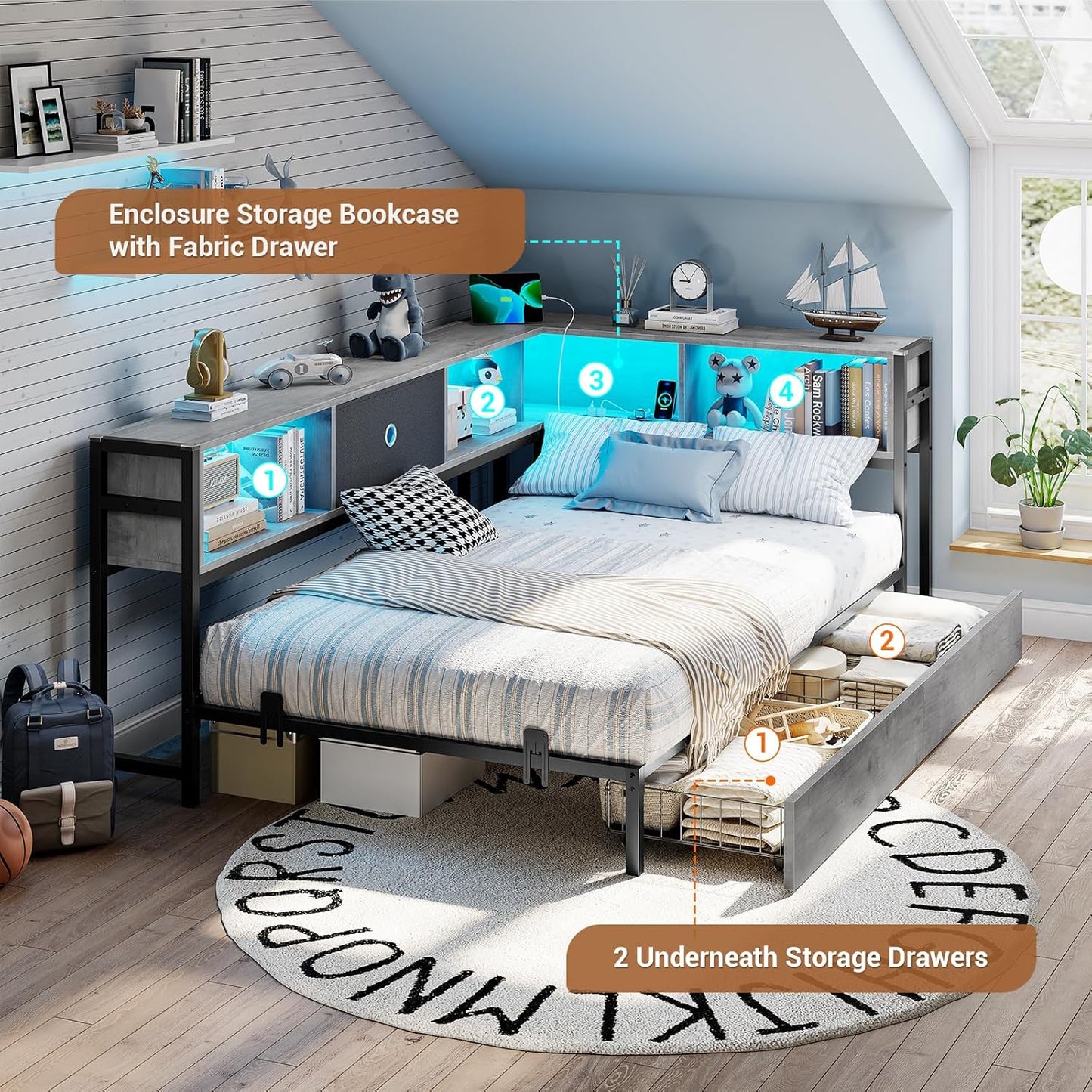 Hasuit Kids Corner Twin Bed with Storage, Charging & LED Light