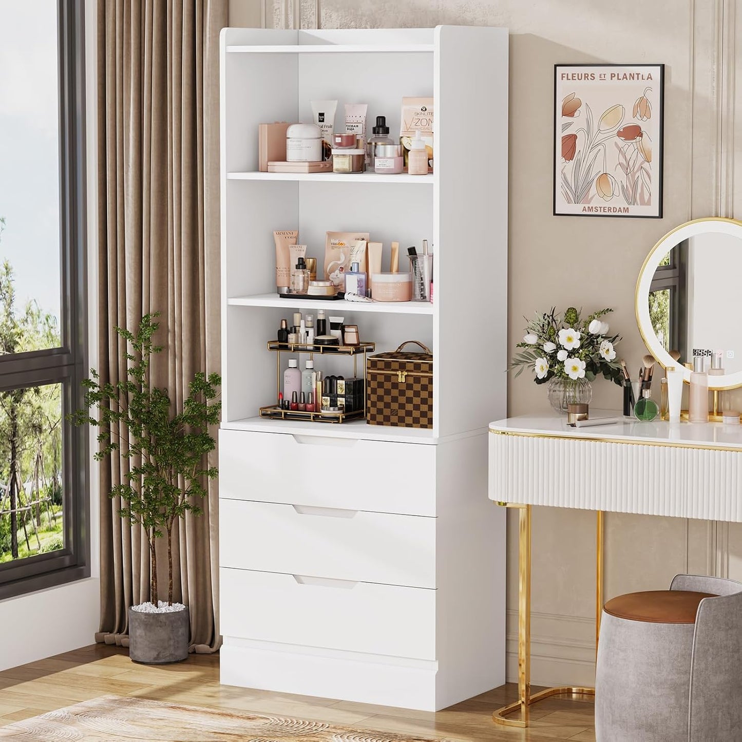 DICTAC 73.23'' Tall Storage Cabinet Bookcase with 3 Drawers and 3-Tier Open Shelves Wooden Bookshelf Kitchen Pantry Storage Organizer Cabinets for Living Room, Study, Kitchen,Bathroom,White