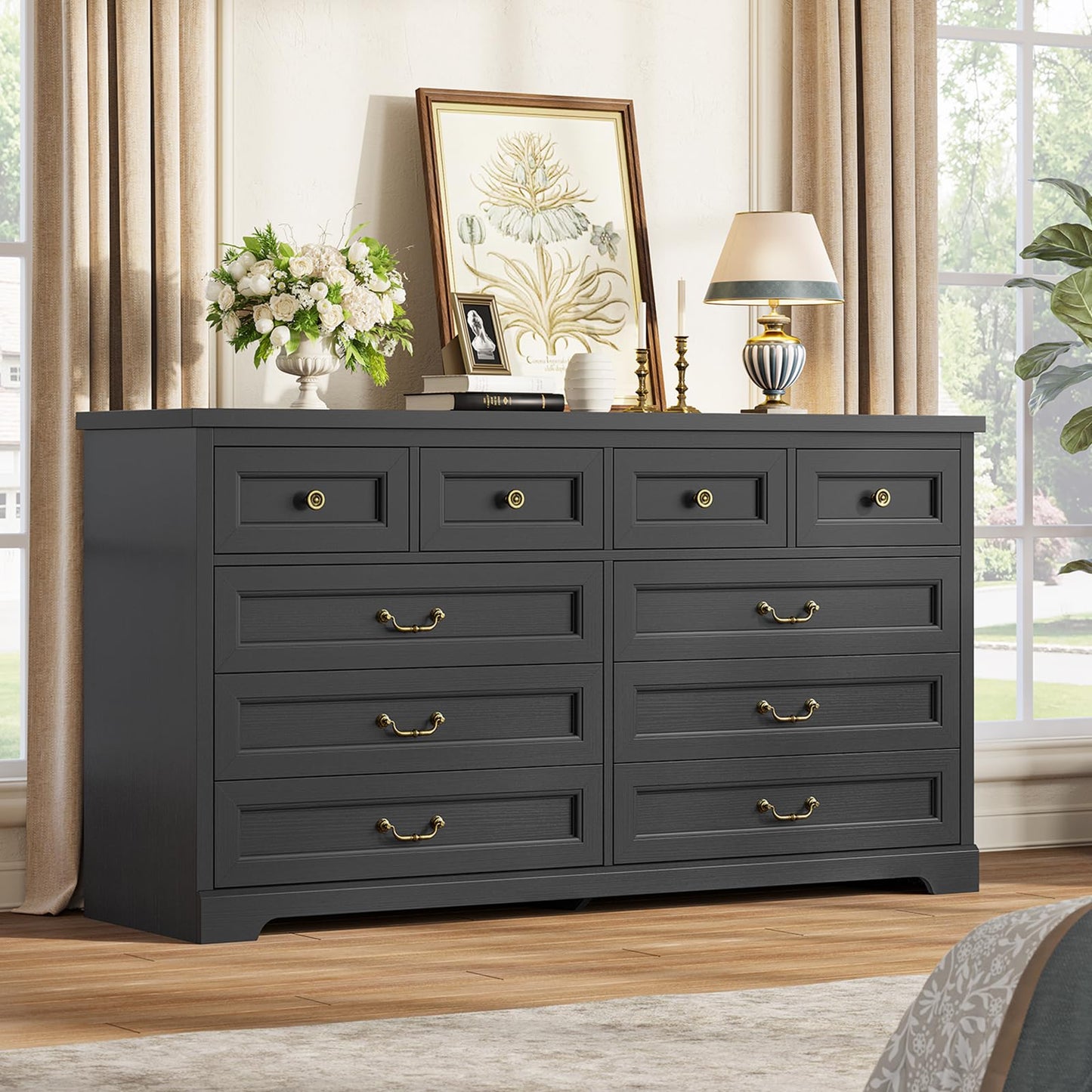 Hasuit Farmhouse 10 Drawer Dresser for Bedroom, 55.1" Wide Dressers Chest of Drawers, Rustic Wood Storage Cabinet with Deep Drawers and Vintage Handle, Large Gray Dresser for Bedroom, Closet, Hallway