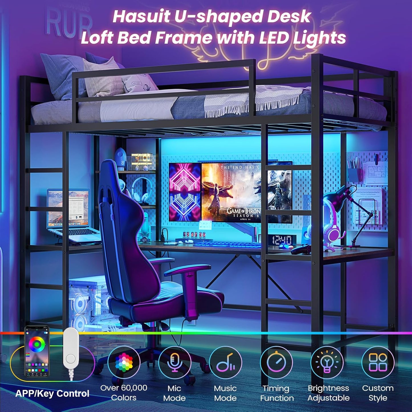 Hasuit Twin Size Loft Bed with Desk U-Shaped | Heavy Duty Metal Frame & Built-in Charging Station | RGB APP-Controlled LED Lights, Safety Guardrails + Open Shelves | No Box Spring Needed, Black