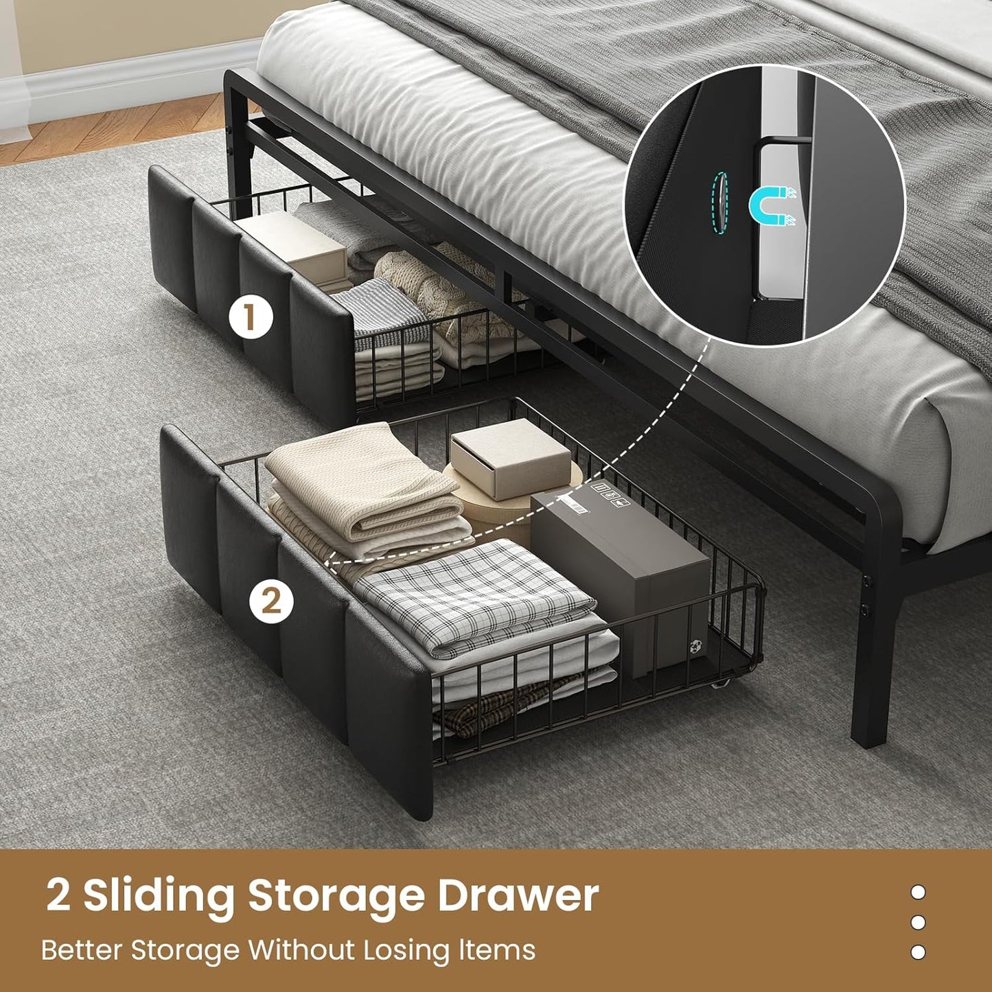 King Bed Frame with Storage Drawers, Upholstered Headboard with Hidden Storage Shelf, LED Lights and Charging Station, Metal Platform Bed Frame Queen Size, Noise Free, No Box Spring Needed