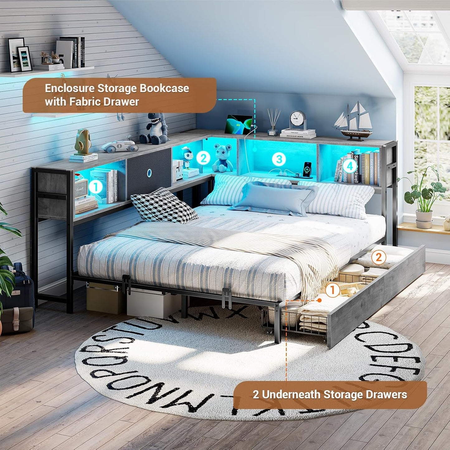 Hasuit Kids Corner Twin Bed with Storage, Charging & LED Light