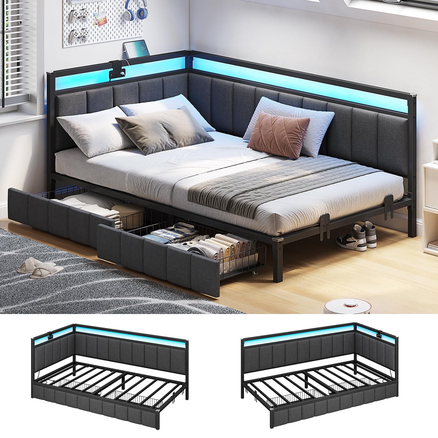 Hasuit Corner Bed Frame with Storage Drawers, Full Daybed with Line Fabric Upholstered Fence, Kids Bed Unit with LED Light and Charging Station, Modern Bed Frame Full Size, Gray