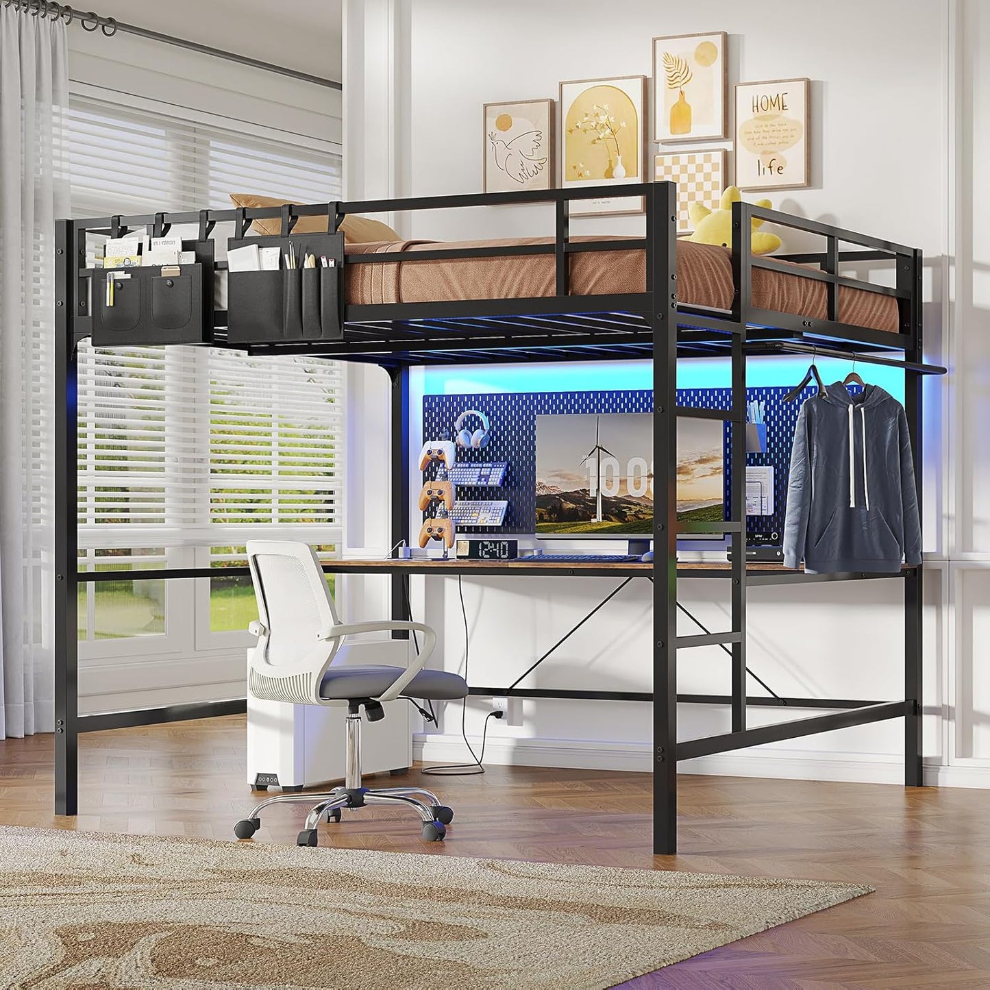 Hasuit Full Size Metal Loft Bed with Desk, LED Lights & Charging Station - Sturdy Space-Saving Bed Frame, Loft Bed Full Size Includes Safety Guard Rail & Ladder, No Box Spring Needed, Durable, Black
