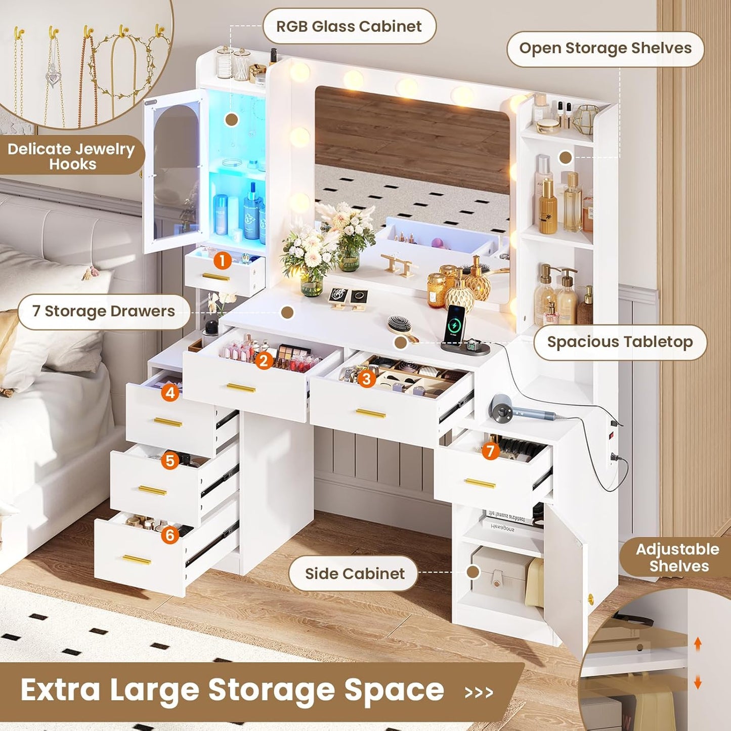 Hasuit Makeup Vanity Desk with Lighted Mirror & RGB Glass Cabinet, 49.8"W Large Vanity Desk with 7 Drawers, Shelves, Side Cabinet, White Bedroom Dressing Table with Charging Station, Lights Adjustable