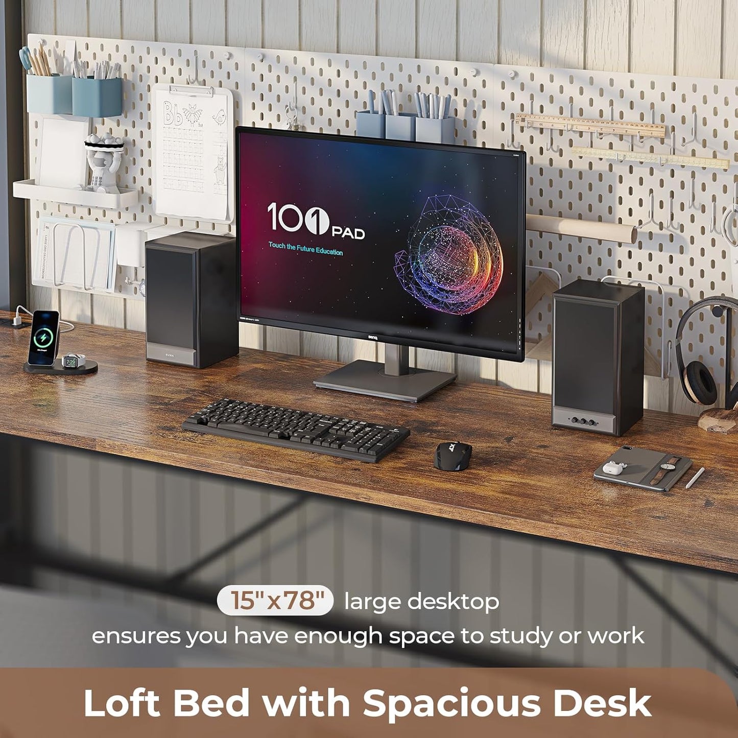 Hasuit Full Size Metal Loft Bed with Desk, LED Lights & Charging Station - Sturdy Space-Saving Bed Frame, Loft Bed Full Size Includes Safety Guard Rail & Ladder, No Box Spring Needed, Durable, Black