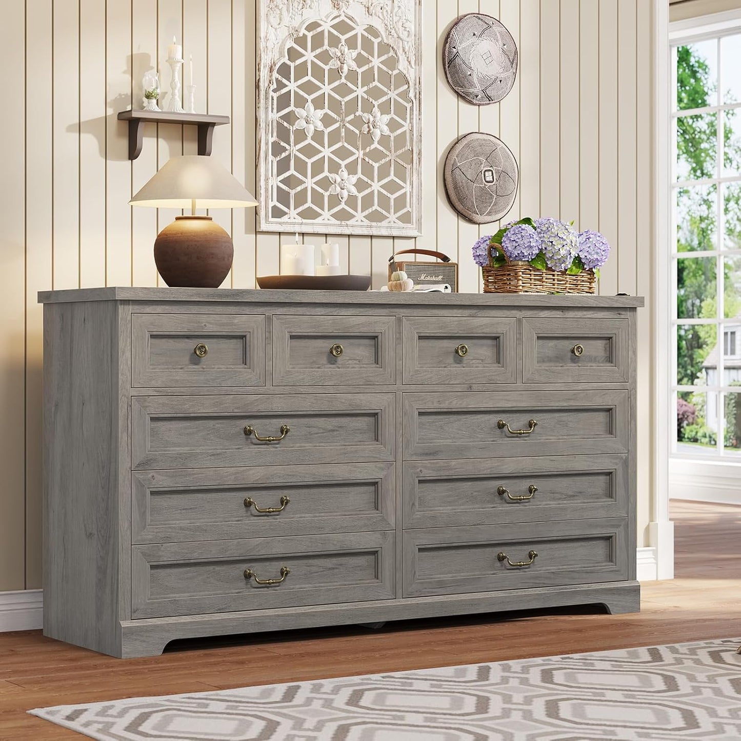 Hasuit Farmhouse 10 Drawer Dresser for Bedroom, 55.1" Wide Dressers Chest of Drawers, Rustic Wood Storage Cabinet with Deep Drawers and Vintage Handle, Large Gray Dresser for Bedroom, Closet, Hallway