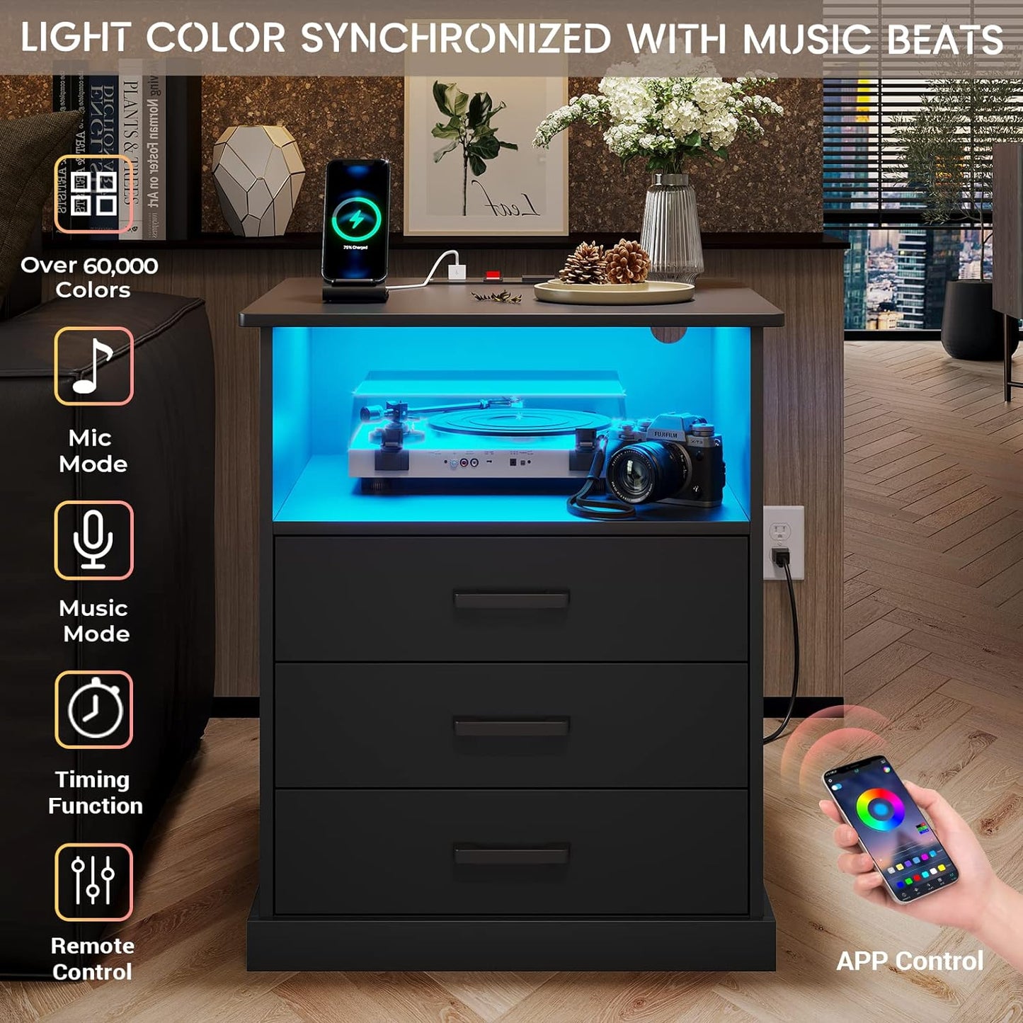 Hasuit Nightstand with Charging Station and LED Lights, Large Bedside Table with 3 Storage Drawer, Black Night Stand for Bedroom, Wider Tabletop 19.0''(L) x 15.0''(W)
