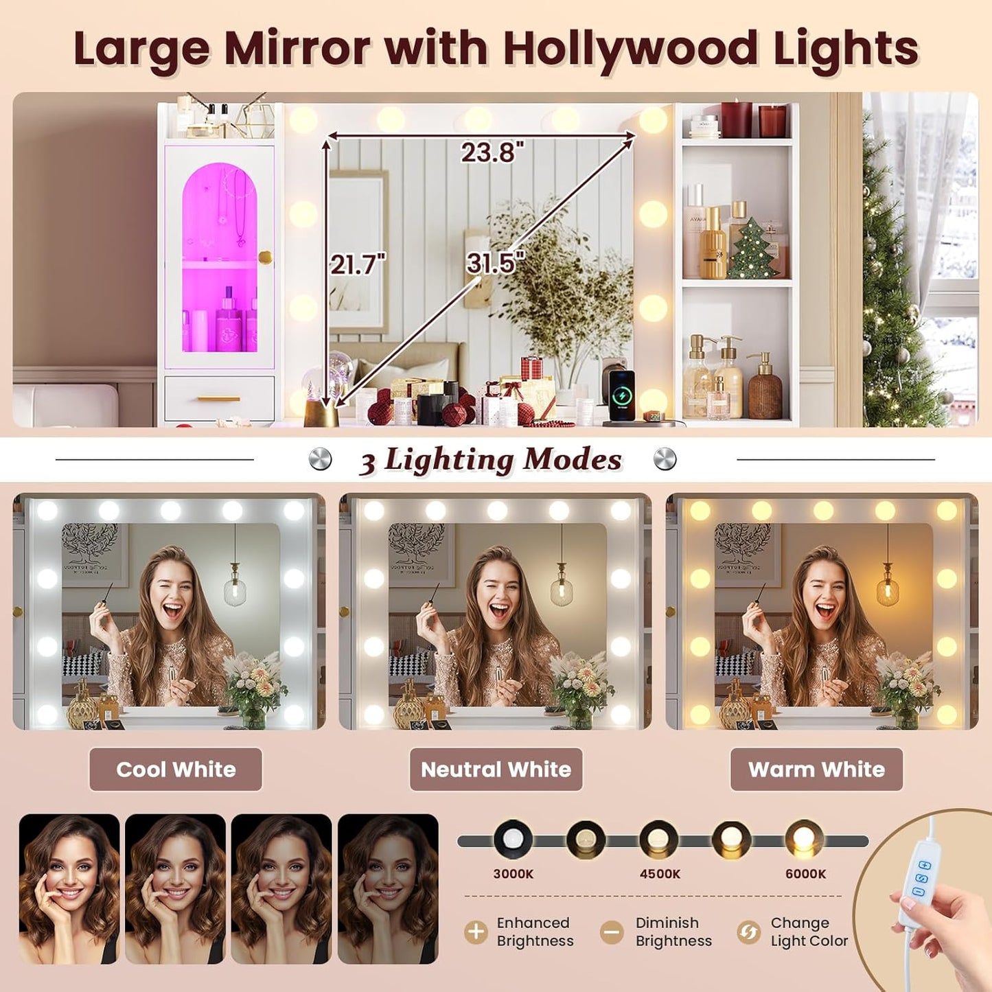 Hasuit Makeup Vanity Desk with Lighted Mirror & RGB Glass Cabinet, 49.8"W Large Vanity Desk with 7 Drawers, Shelves, Side Cabinet, White Bedroom Dressing Table with Charging Station, Lights Adjustable